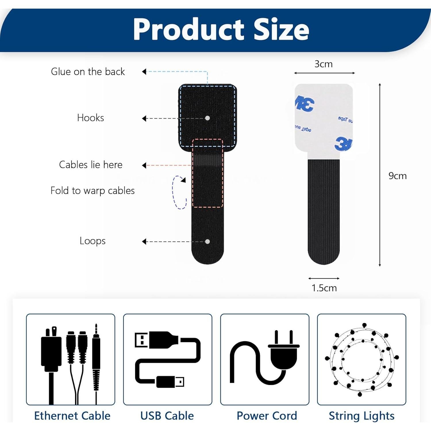 50 Corbatas de Cable Autoadhesivas Abnii Negro 80g