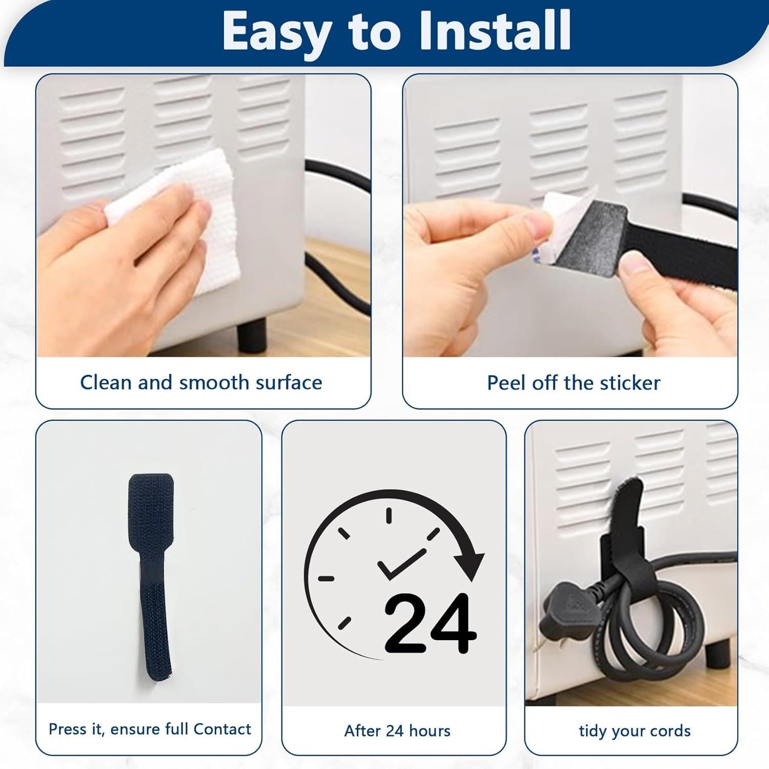 50 Corbatas de Cable Autoadhesivas Abnii Negro 80g