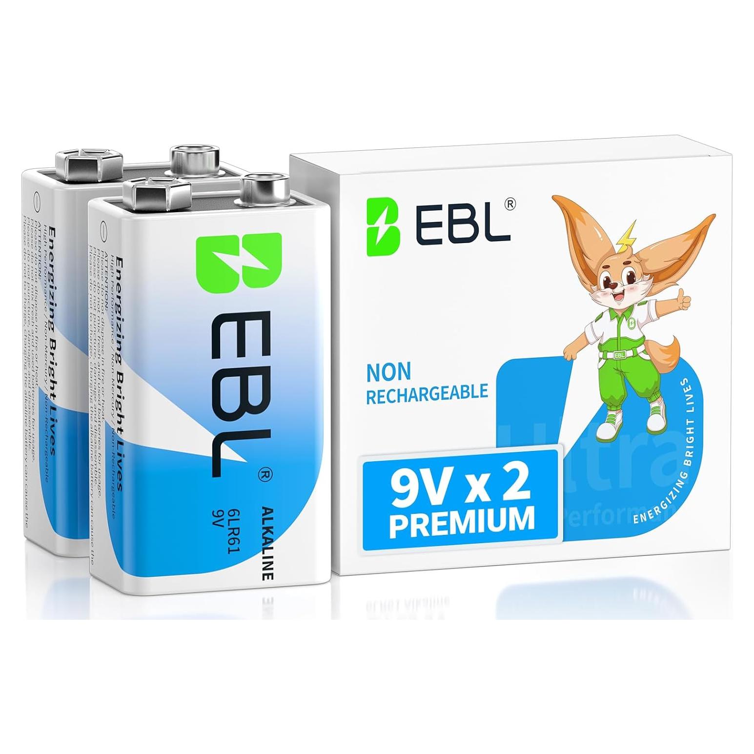 Baterías Alcalinas EBL 9V Paquete de 2, Larga Duración 7 Años
