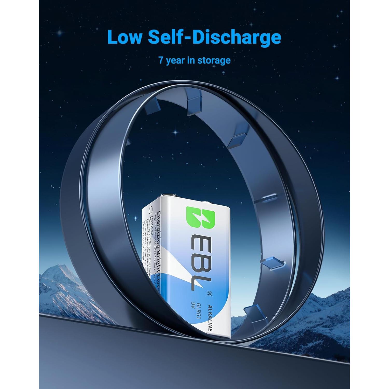 Baterías Alcalinas EBL 9V Paquete de 2, Larga Duración 7 Años