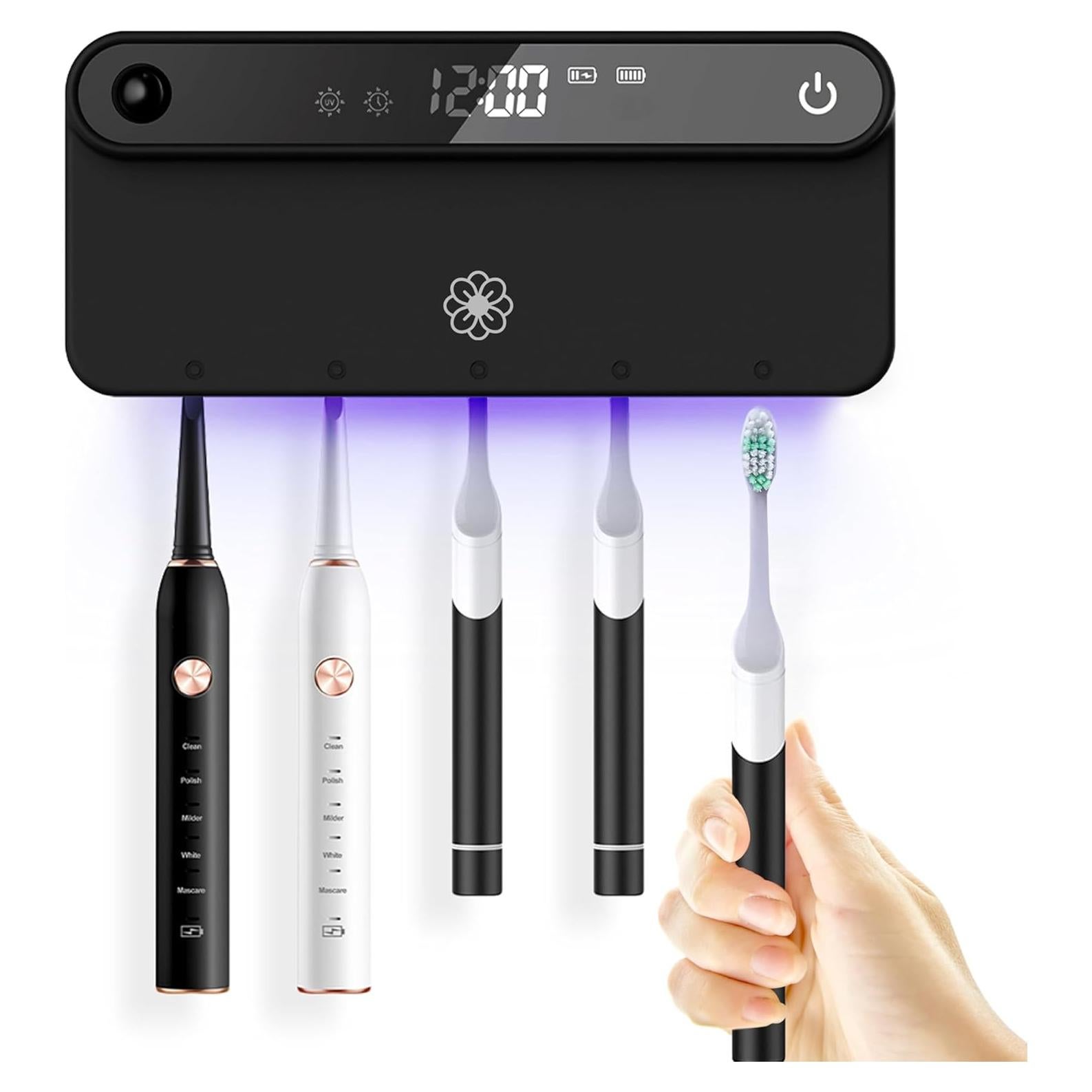 Soporte de Cepillo de Dientes Bloom Negro con Desinfectante y Pantalla