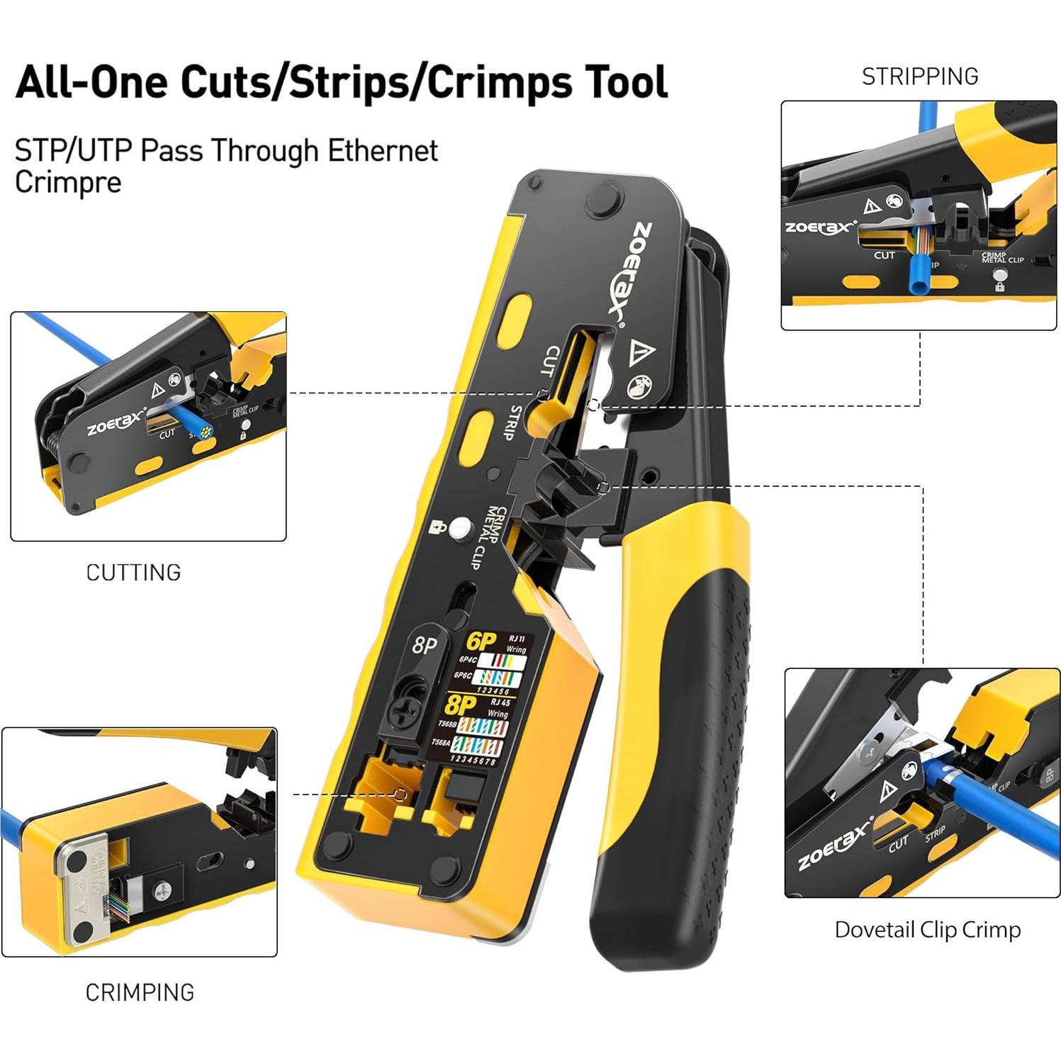 Kit de Crimpado Ethernet ZOERAX RJ45 Cat7 8 en 1 con Probador