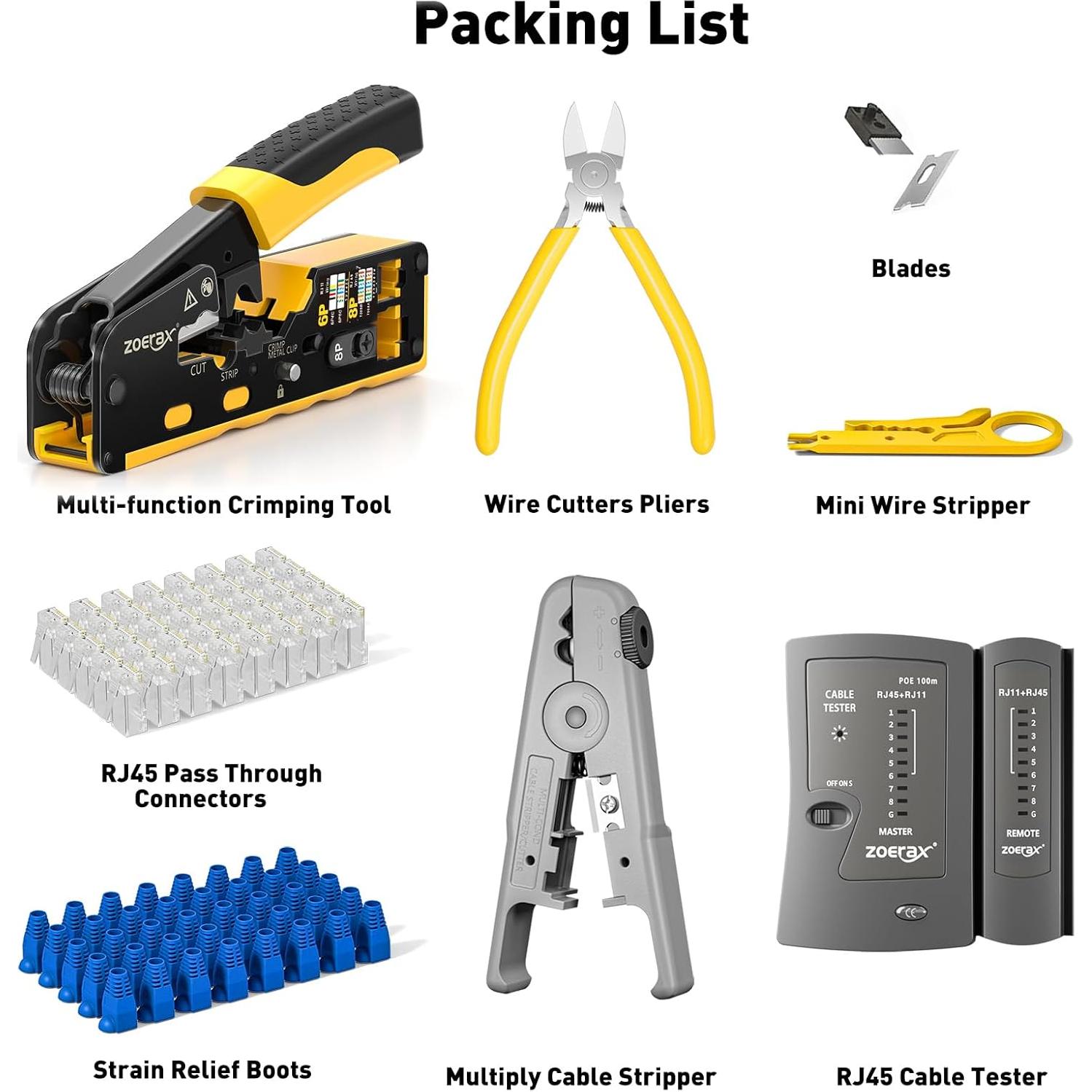 Kit de Crimpado Ethernet ZOERAX RJ45 Cat7 8 en 1 con Probador