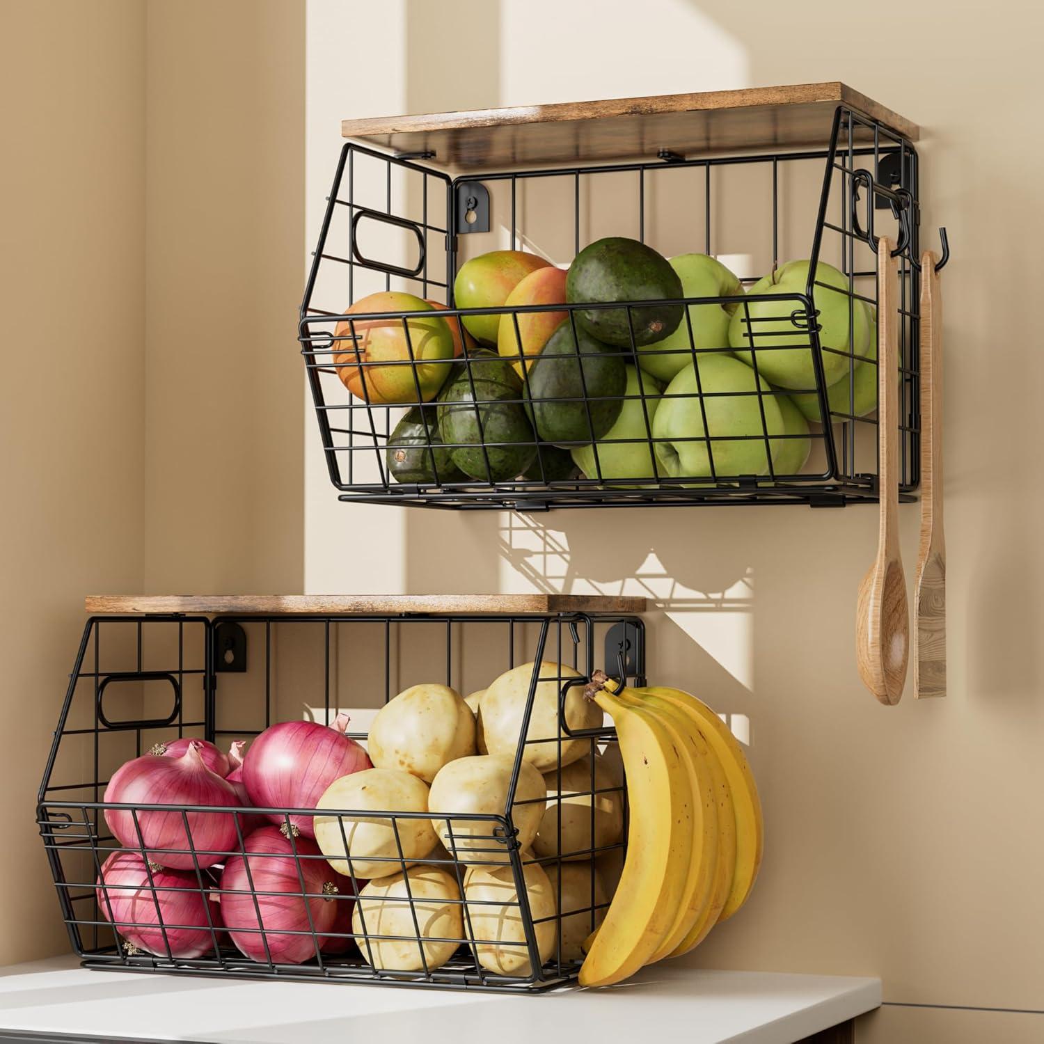 Cesta de Frutas Apilable Delamu 2 Paquete con Tapa de Madera