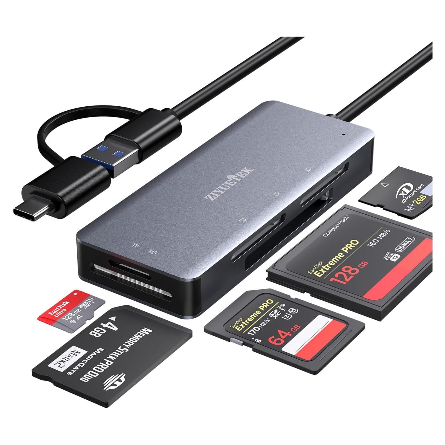 Lector de Tarjetas 5en1 ZIYUETEK USB-C y USB-A Gris