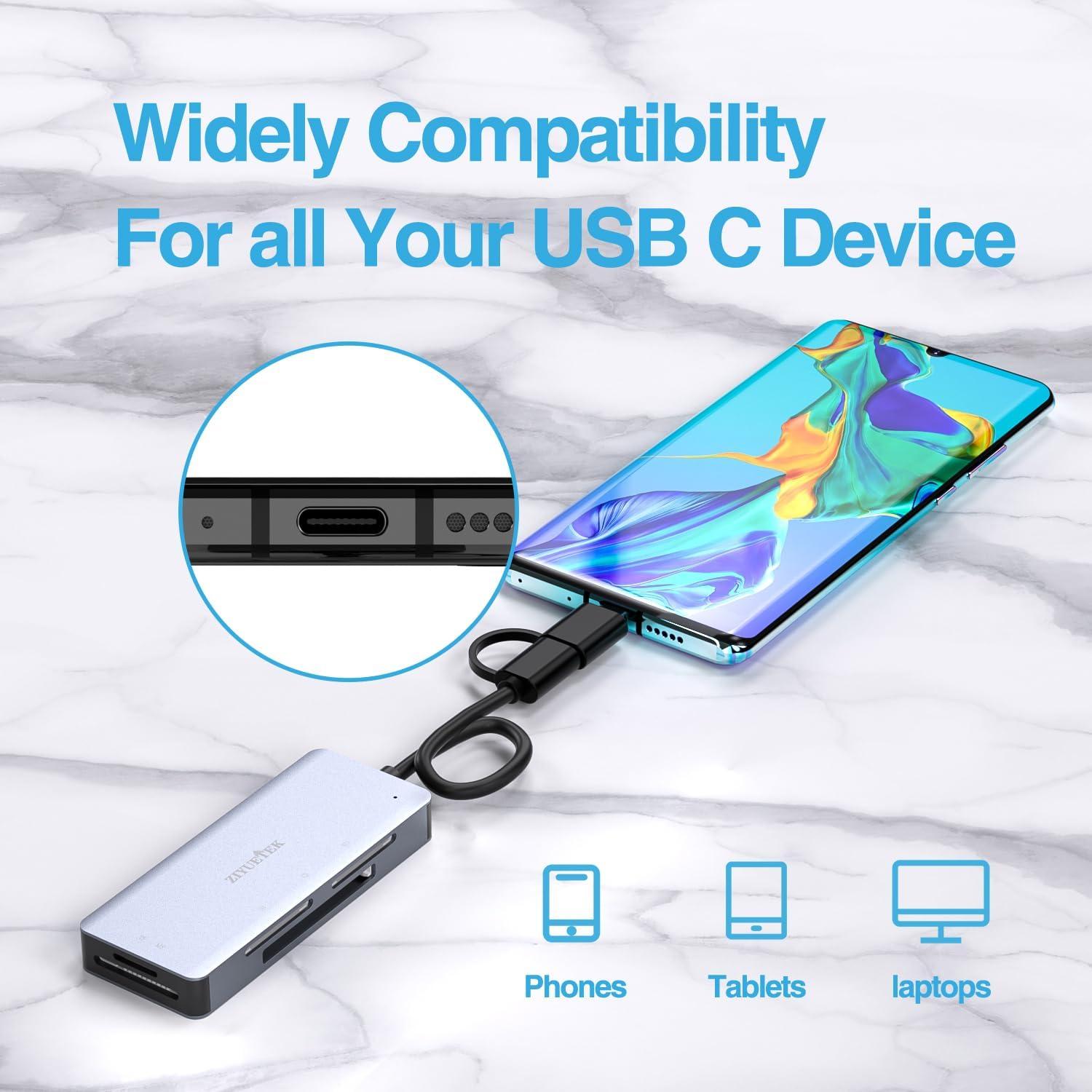 Lector de Tarjetas 5en1 ZIYUETEK USB-C y USB-A Gris