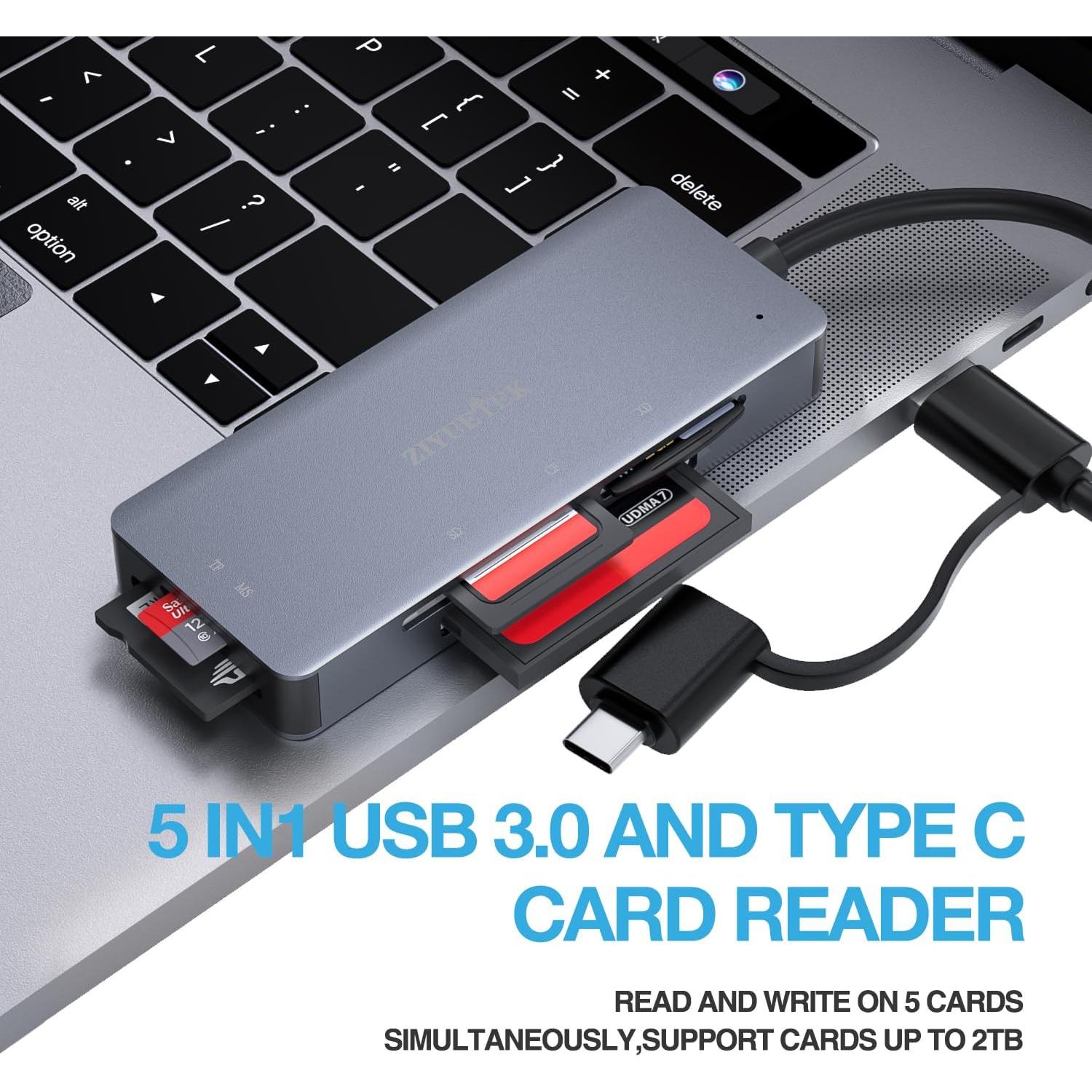 Lector de Tarjetas 5en1 ZIYUETEK USB-C y USB-A Gris