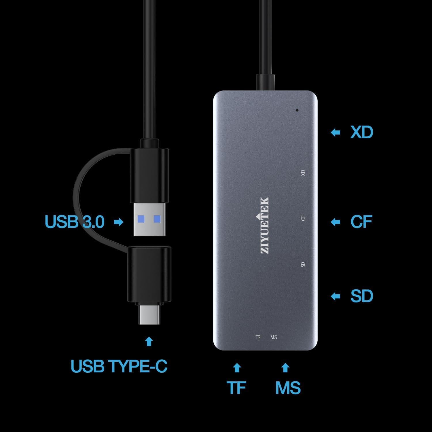 Lector de Tarjetas 5en1 ZIYUETEK USB-C y USB-A Gris