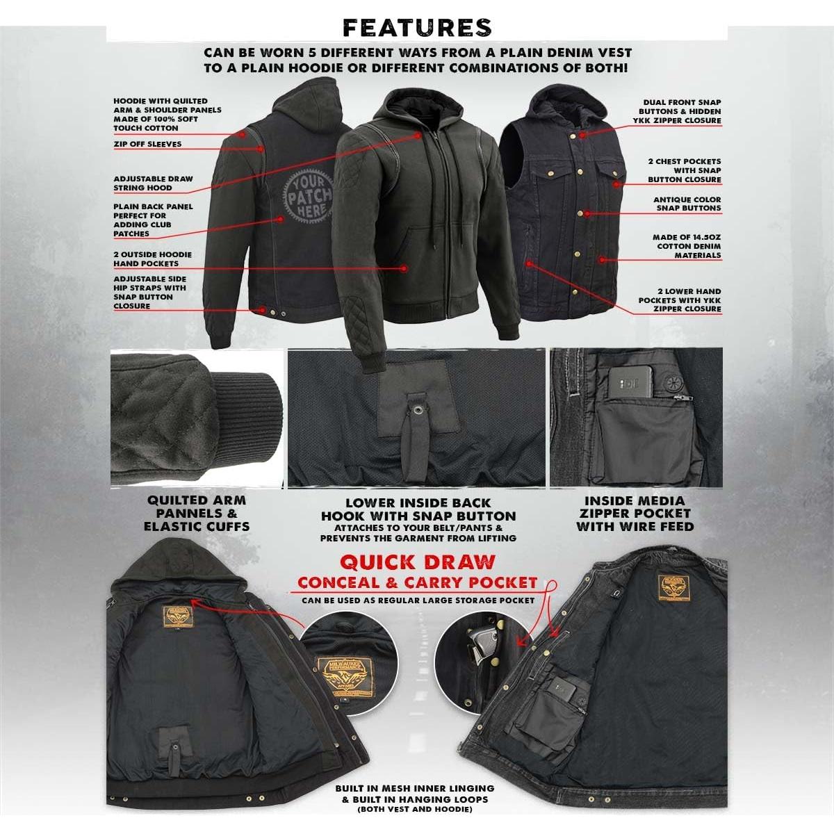 Chaleco de mezclilla negro 5-en-1 Milwaukee Leather MDM3020