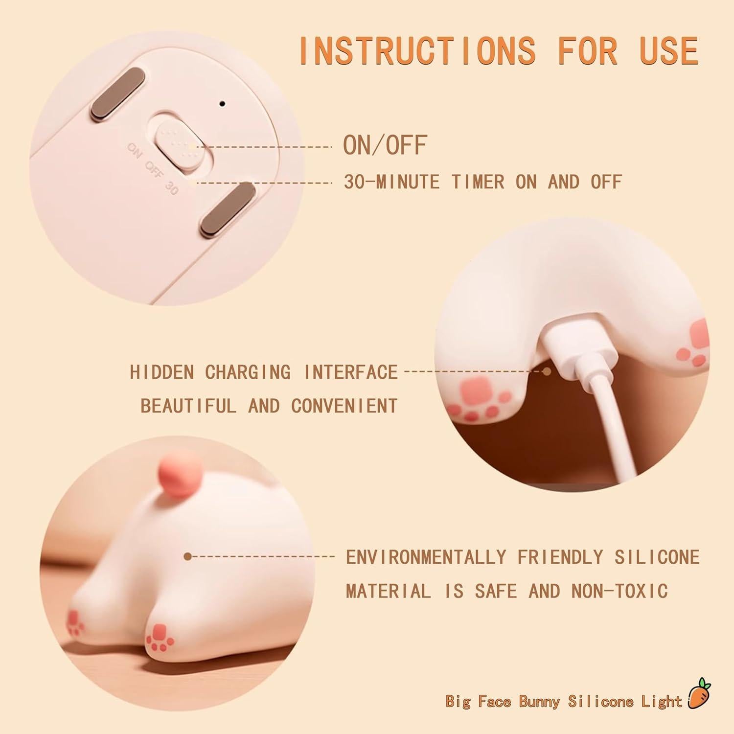 Luz Nocturna Conejo Blanco Icotoibabie Táctil Recargable 3 Niveles