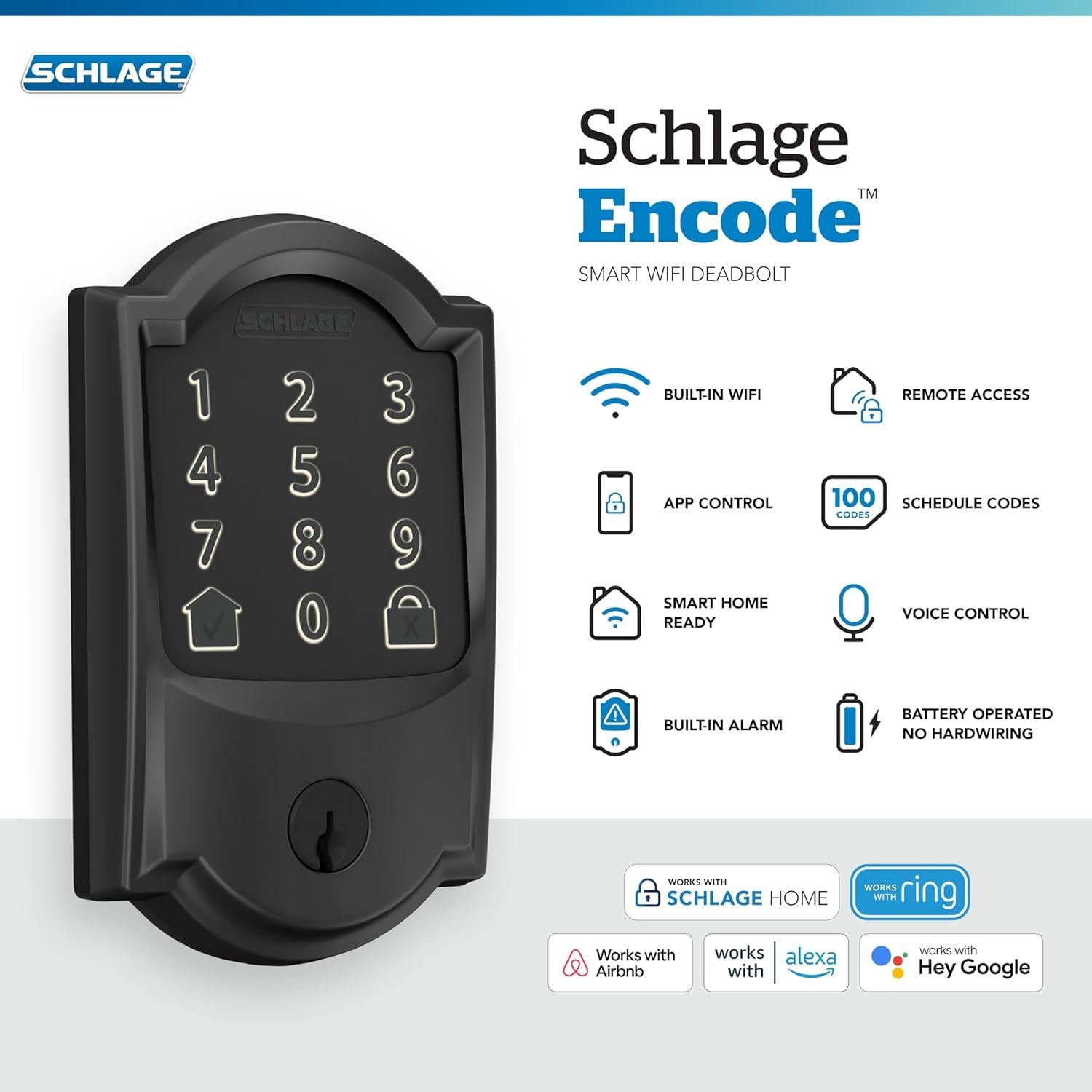 Cerradura Inteligente Schlage Encode Camelot WiFi, Negro Mate