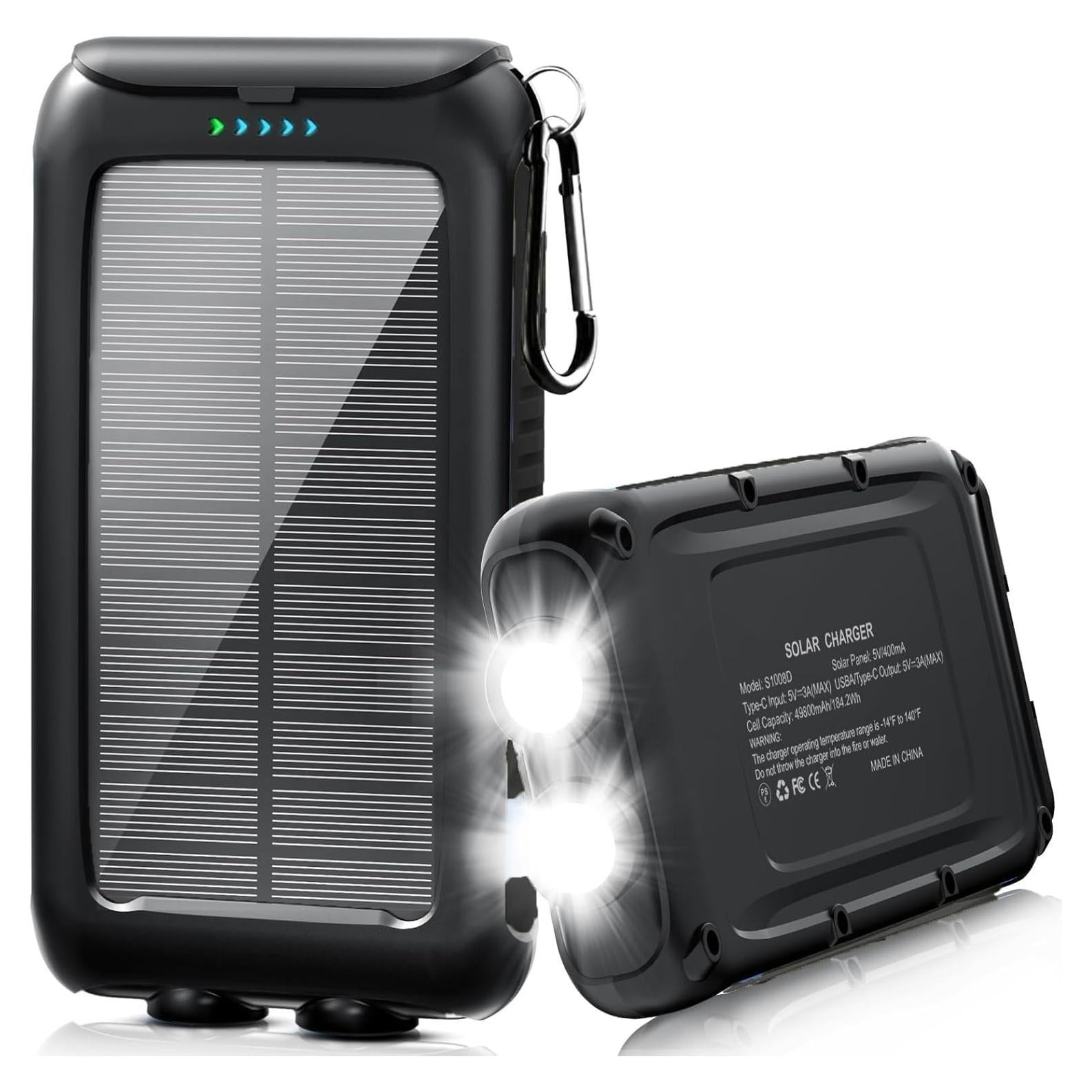 Solar-Charger-Power-Bank-49800mAh Portable Solar Phone Charger with LED Flashlight/15W Fast Charge USB C Waterproof External Backup Battery Pack for All Cell Phones & Electronic Devices