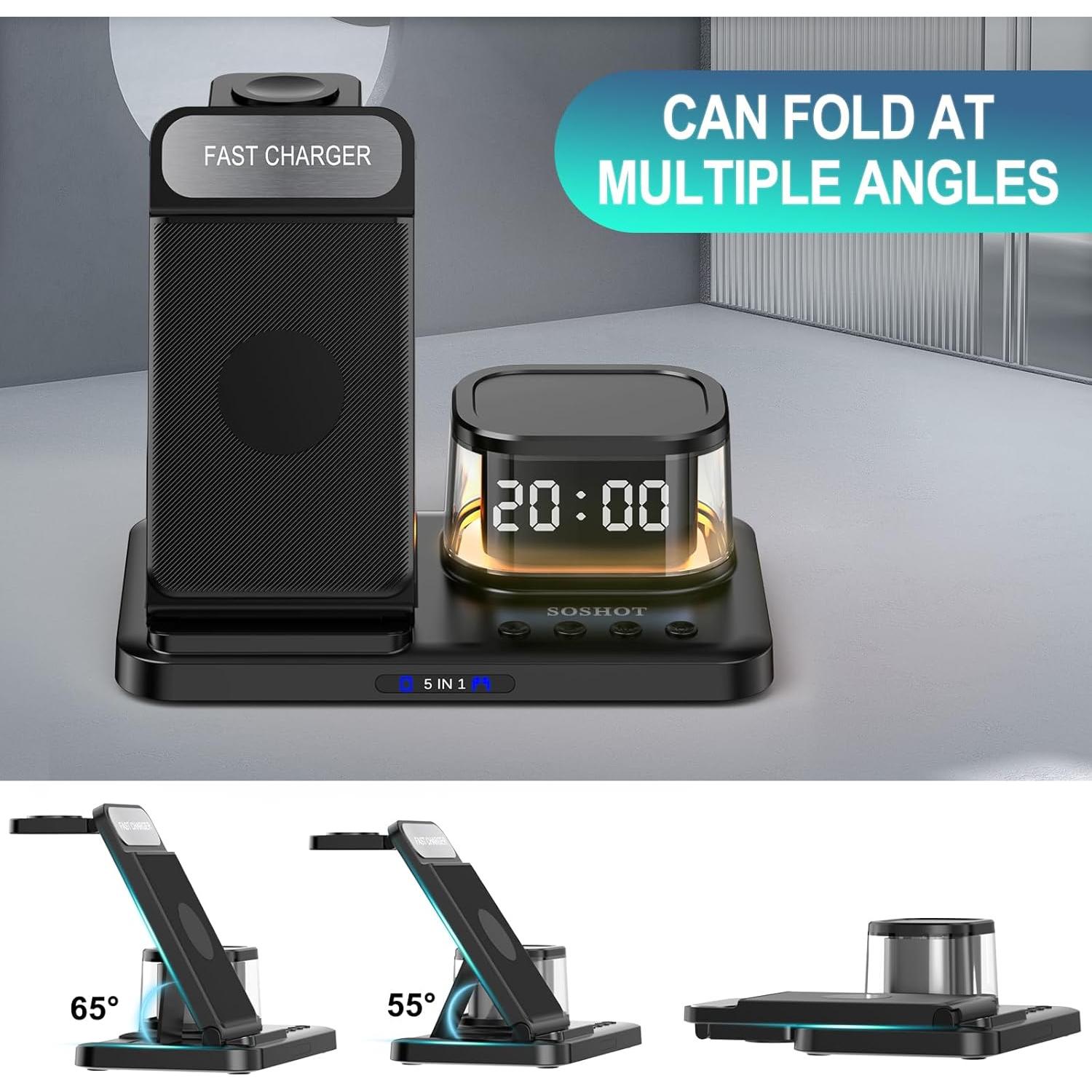 Cargador Inalámbrico 5 en 1 SOSHOT con Reloj y Luz Nocturna