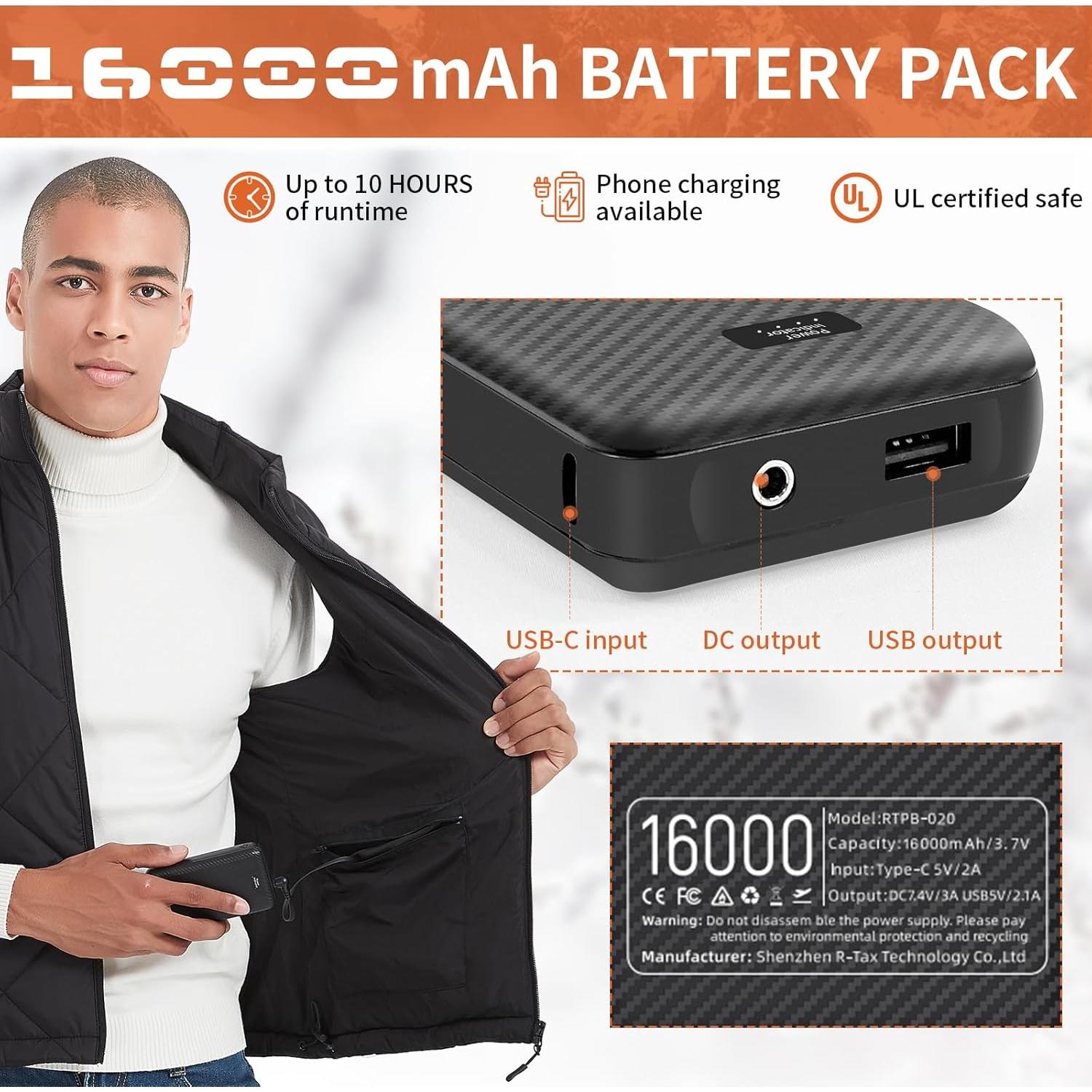 Chaleco Térmico Unisex 16000mAh DC 7.4V Ligero Negro