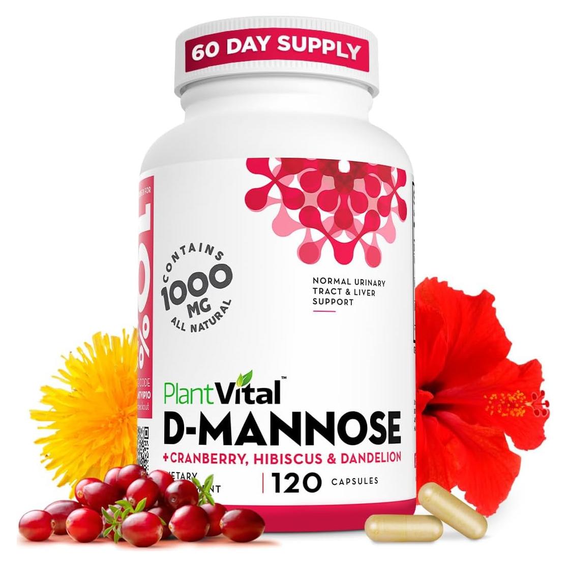 Cápsulas D-Mannosa 1000mg Plantvital con Arándano - 120 Unidades