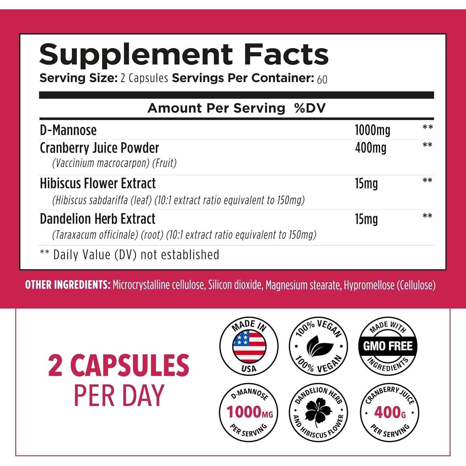 Cápsulas D-Mannosa 1000mg Plantvital con Arándano - 120 Unidades