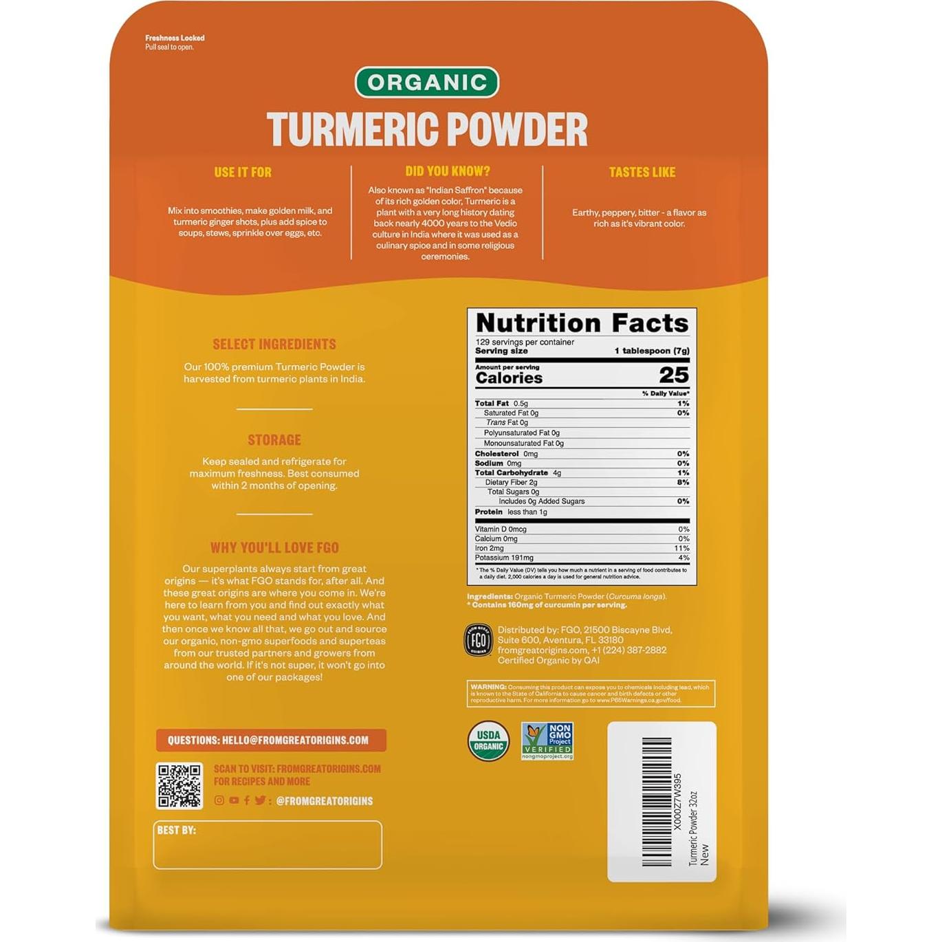 Polvo de Cúrcuma Orgánico FGO 907g Bolsa Resellable India