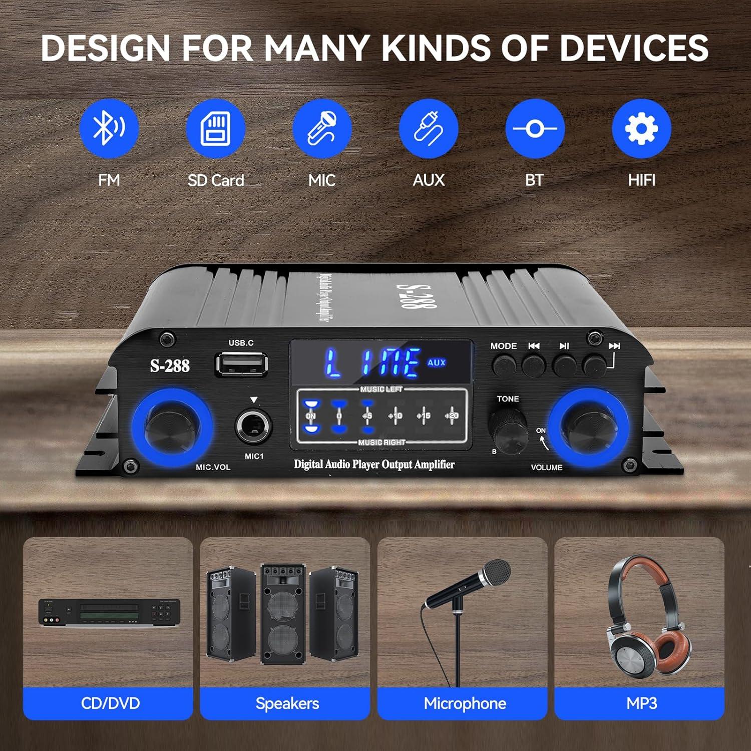 Amplificador de Audio Bluetooth 5.0 JIAATGA S-288 4 Canales 1200W