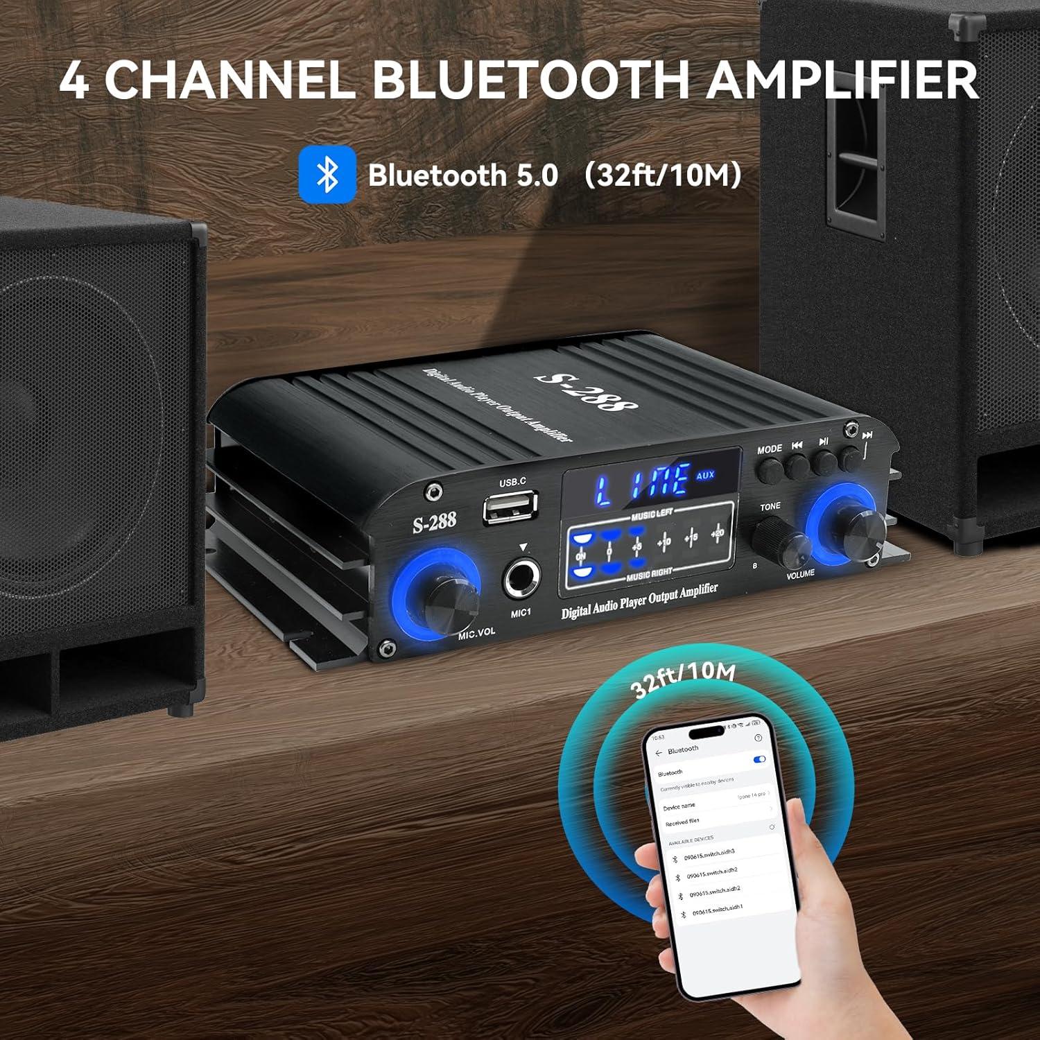 Amplificador de Audio Bluetooth 5.0 JIAATGA S-288 4 Canales 1200W