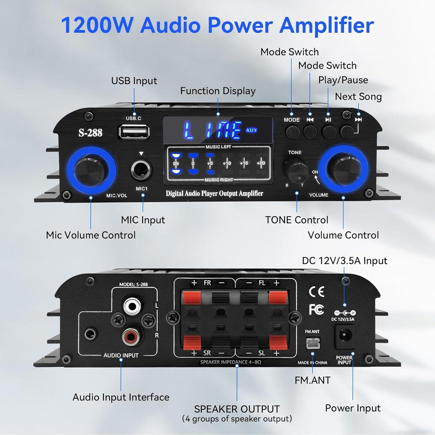Amplificador de Audio Bluetooth 5.0 JIAATGA S-288 4 Canales 1200W