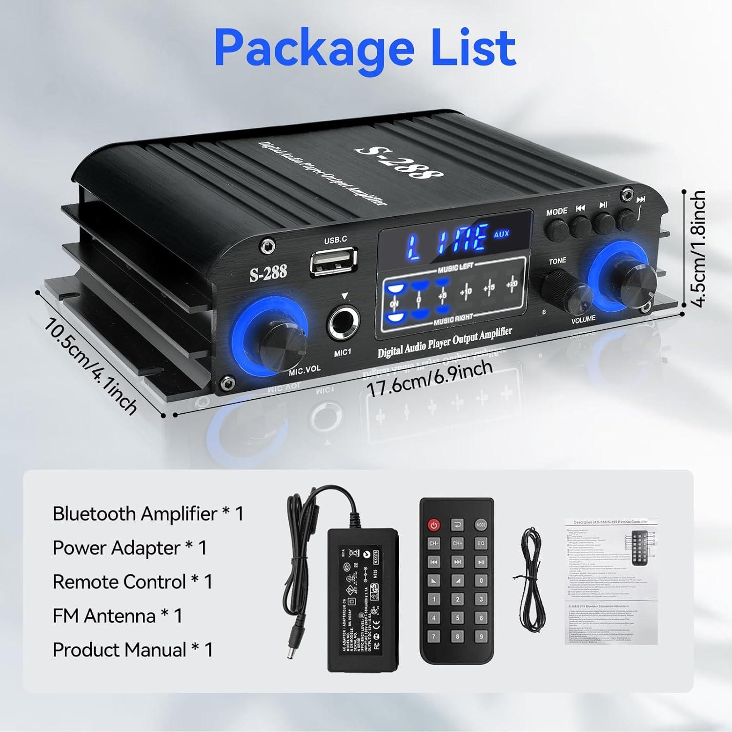 Amplificador de Audio Bluetooth 5.0 JIAATGA S-288 4 Canales 1200W