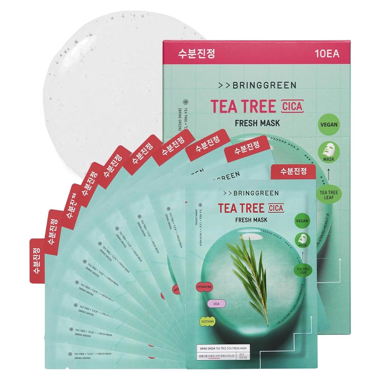 BRING GREEN TEA TREE CICA FRESH MASK (10 Count) | Daily Skincare Routine, Vegan Facial Mask Sheet for Calming, Moisturizing, Refreshing