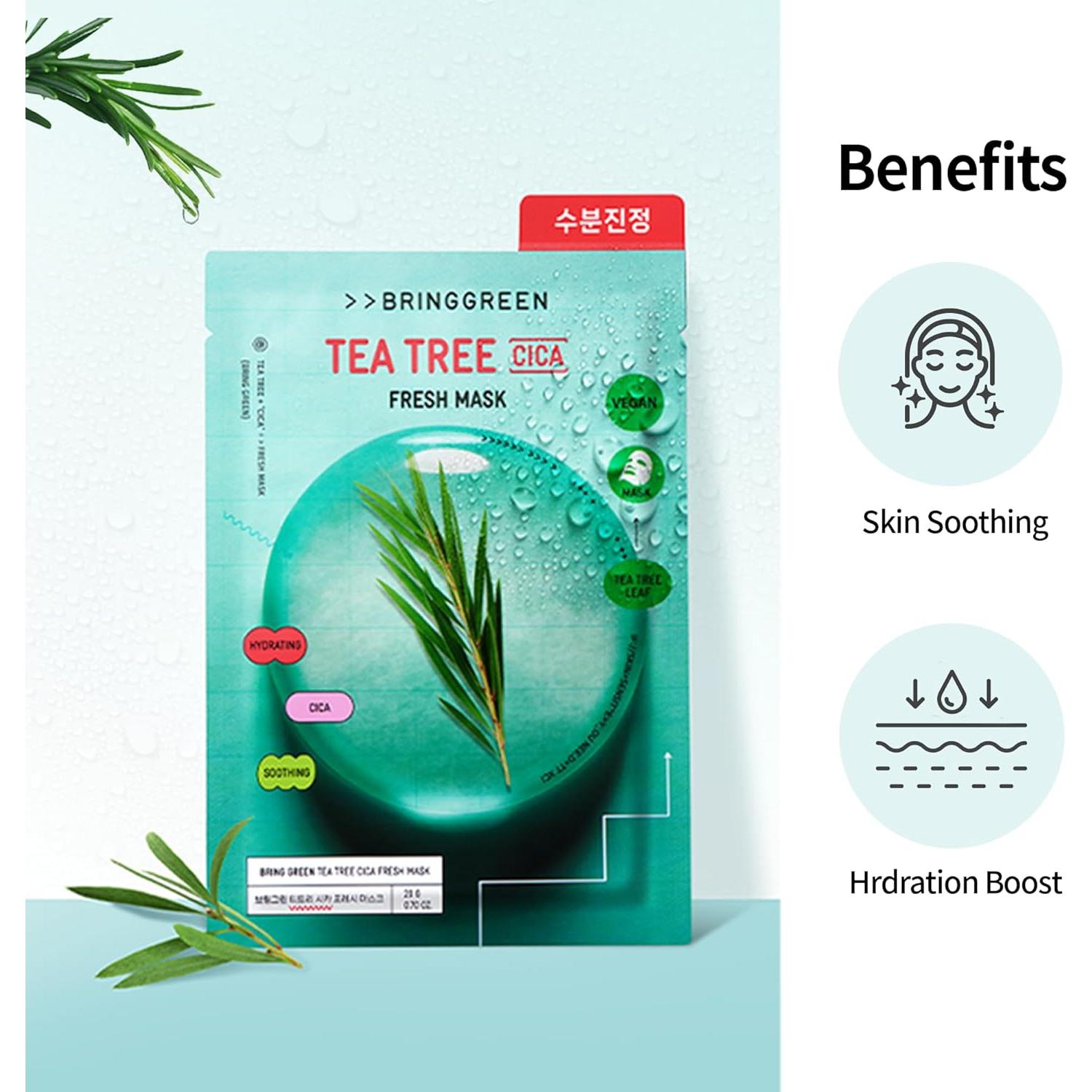 BRING GREEN TEA TREE CICA FRESH MASK (10 Count) | Daily Skincare Routine, Vegan Facial Mask Sheet for Calming, Moisturizing, Refreshing