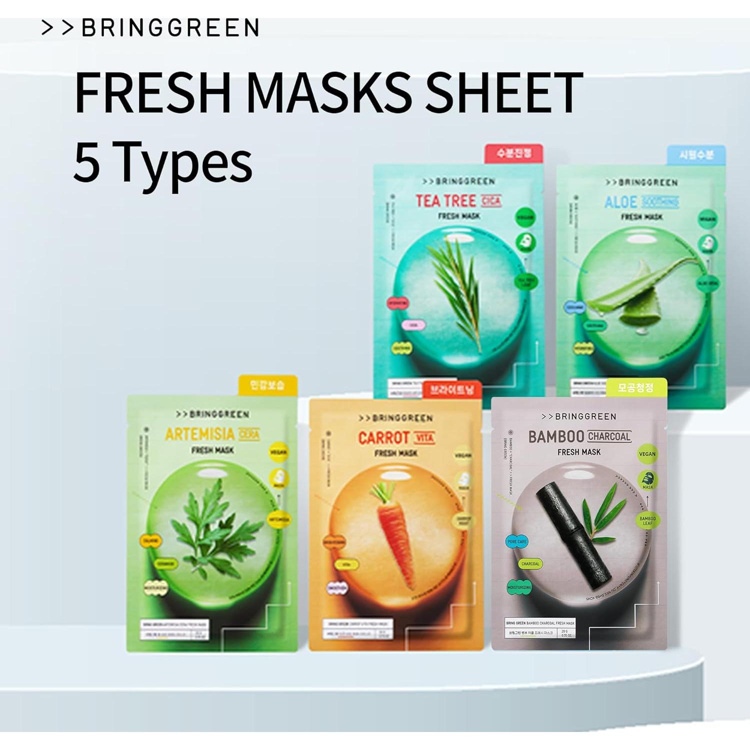 BRING GREEN TEA TREE CICA FRESH MASK (10 Count) | Daily Skincare Routine, Vegan Facial Mask Sheet for Calming, Moisturizing, Refreshing