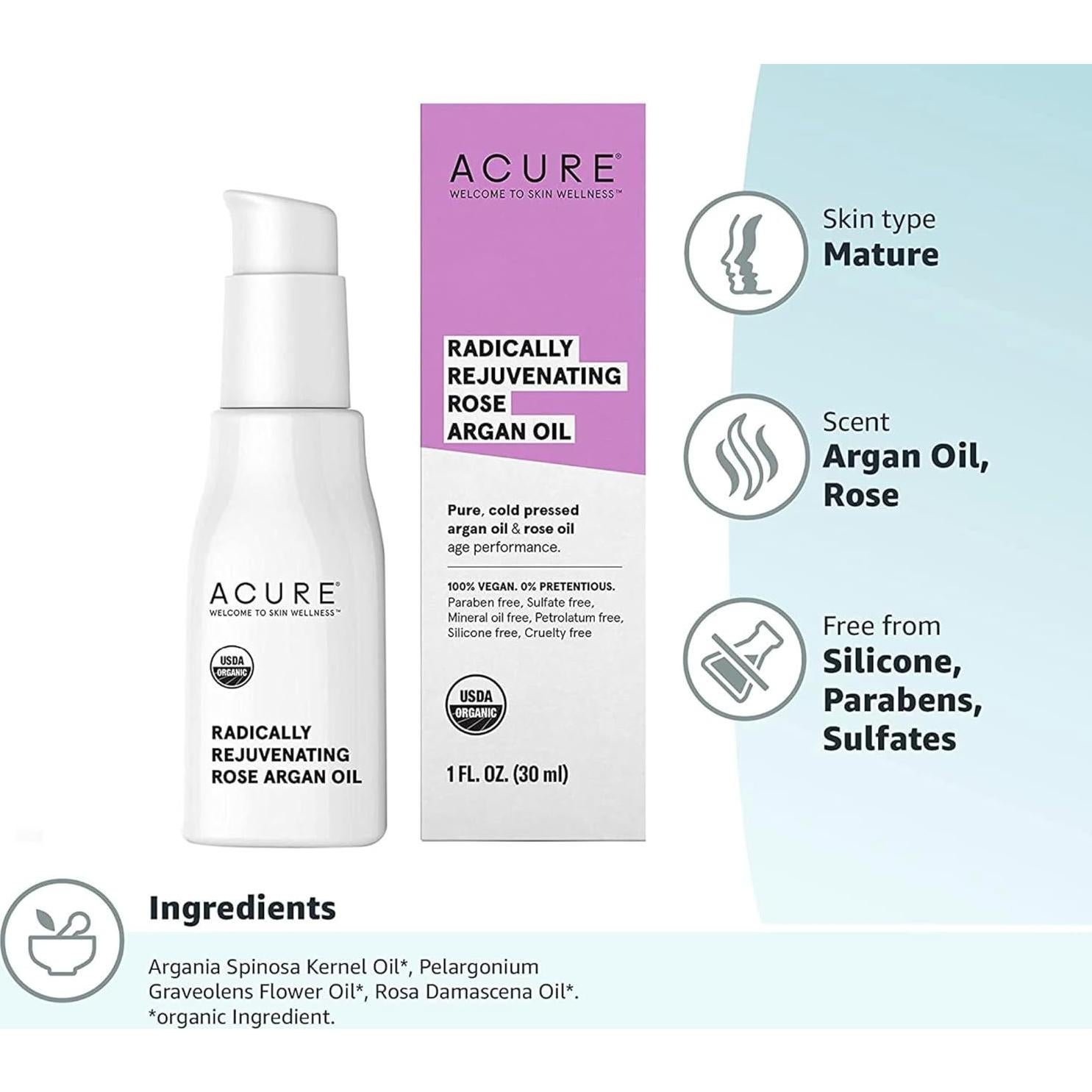 ACURE Aceite de Rosa Argan 29.57 ml - Suero Facial y Corporal