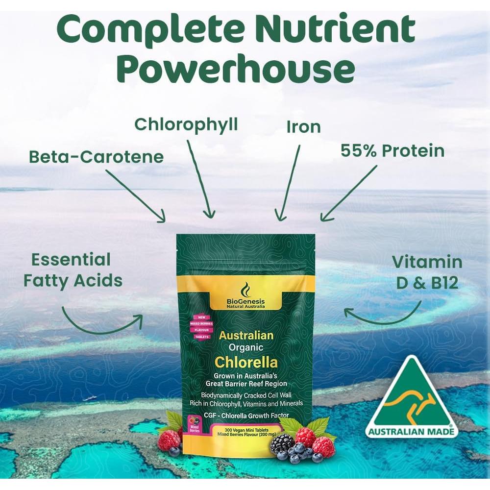 Tabletas de Chlorella Orgánica BioGenesis 300 Mini Veganas