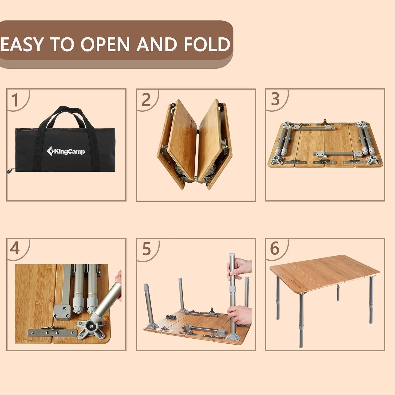 Mesa Plegable KingCamp de Bambú Ajustable Amarillo 3 Alturas