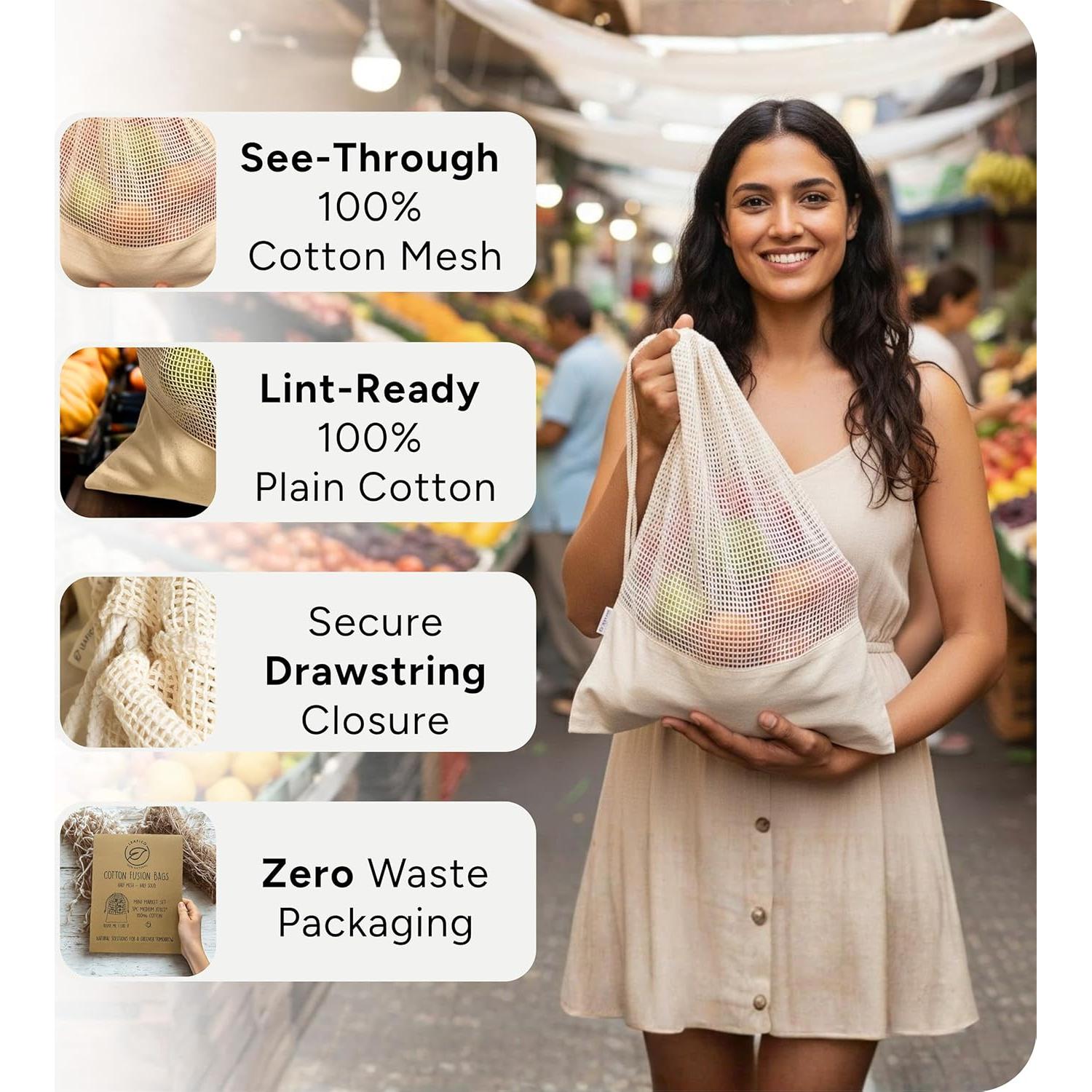 Bolsas Reutilizables Leafico 100% Algodón Híbrido 8 Pcs