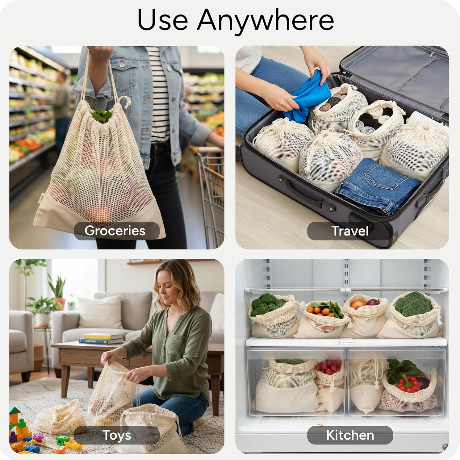 Bolsas Reutilizables Leafico 100% Algodón Híbrido 8 Pcs