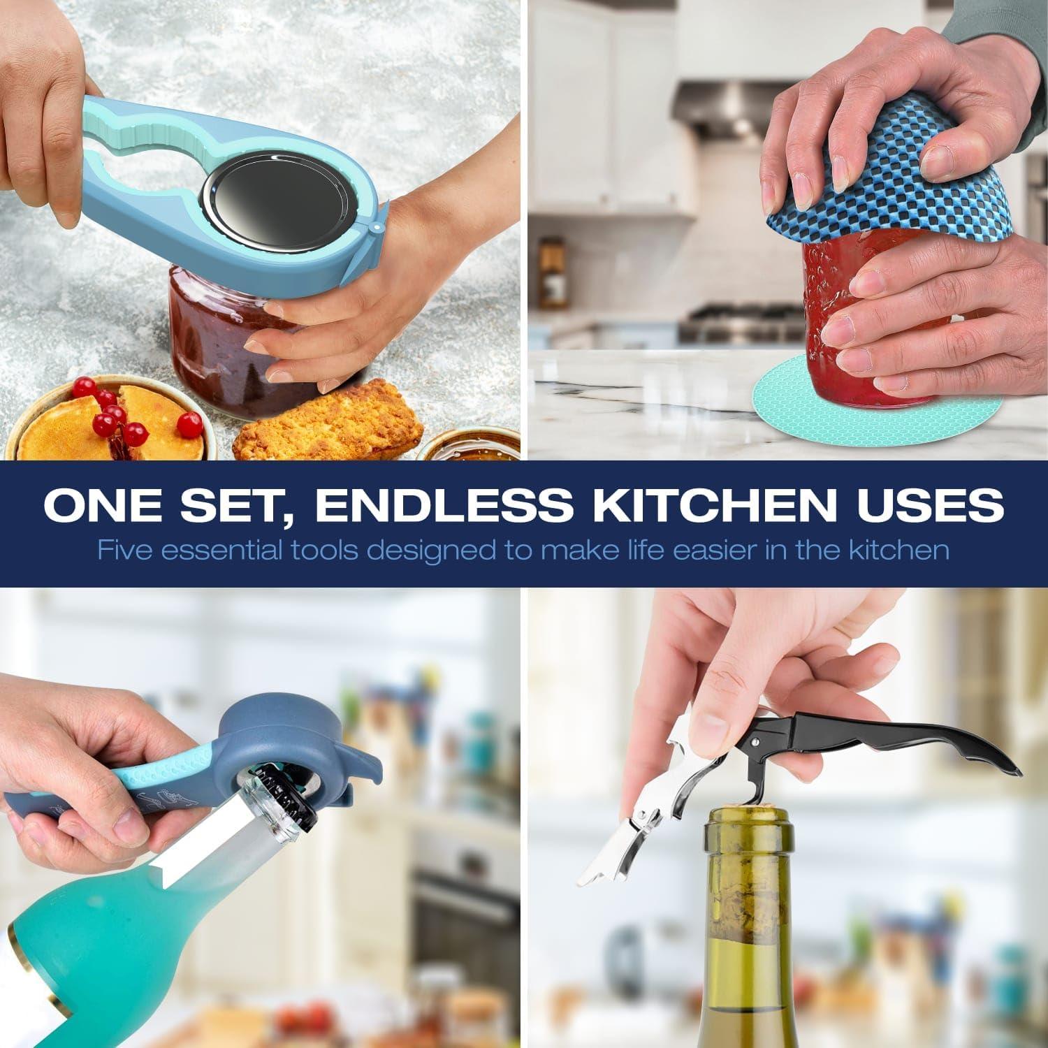 Abridor de Tarros 5 en 1 BigLeef con Sacacorchos y Alfombrillas Antideslizantes - Azul