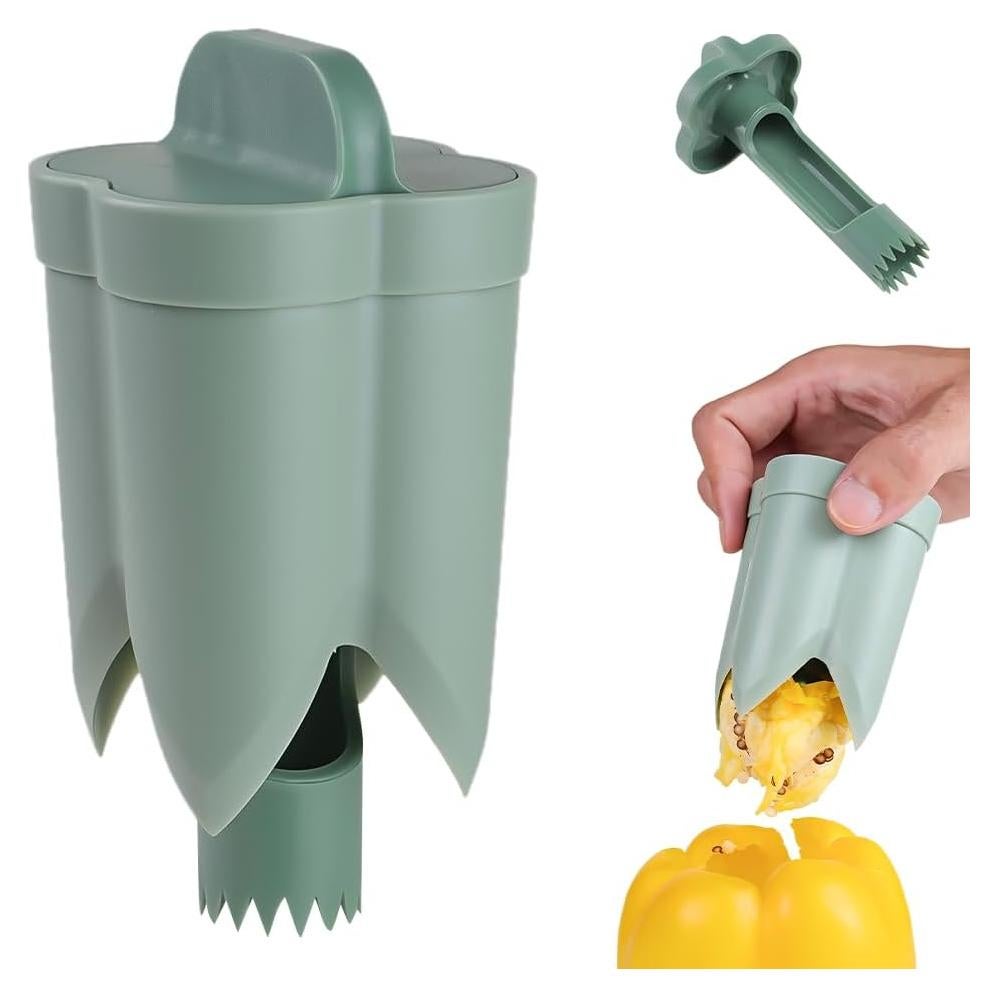 2 in 1 Pepper Seed Corer Remover, Fruit Pepper Corer, Bell Peppers Corers, Quick Cut, Fruit and Vegetable Seed Remover, Kitchen Vegetable, Zucchini Tomato (Green 1PCS)