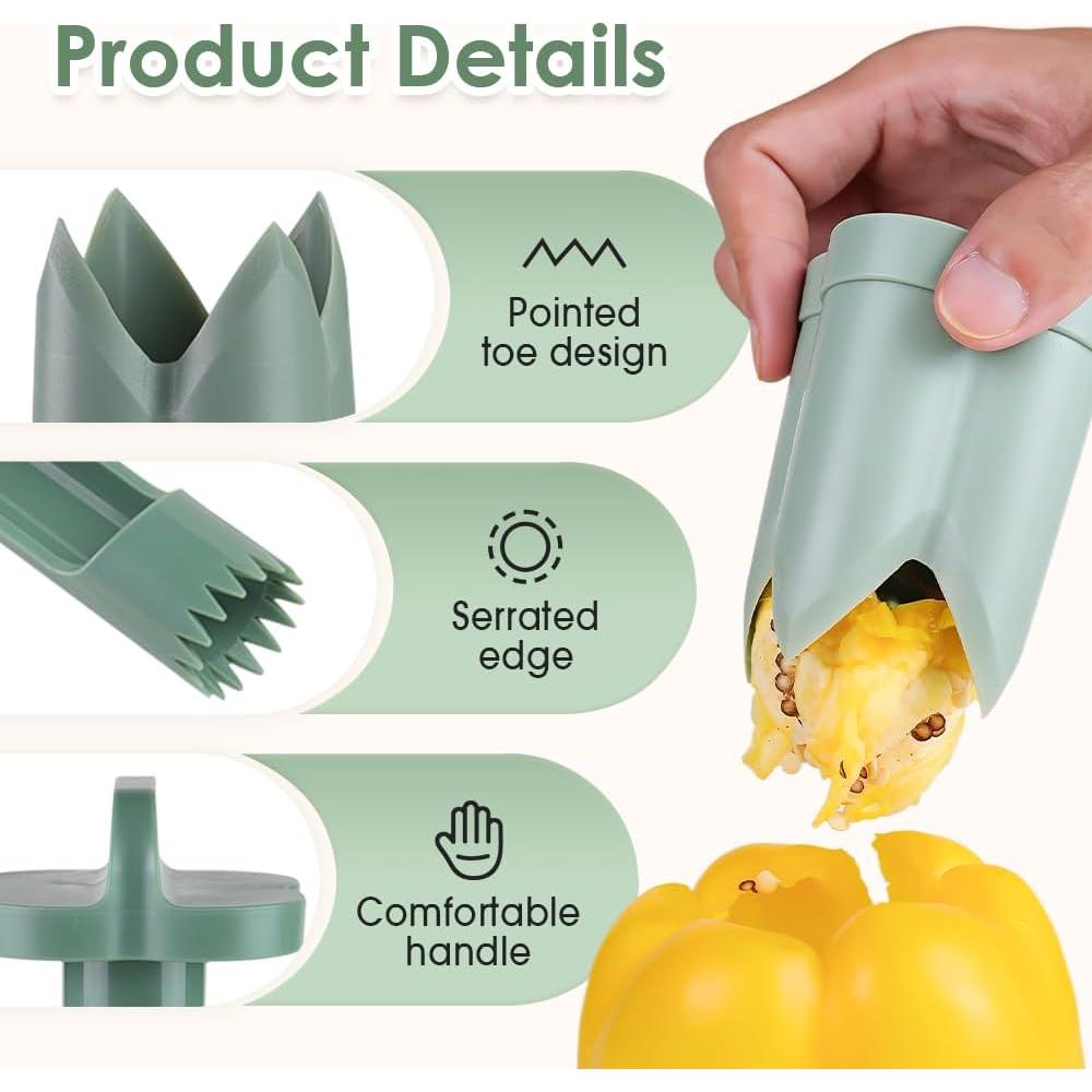 2 in 1 Pepper Seed Corer Remover, Fruit Pepper Corer, Bell Peppers Corers, Quick Cut, Fruit and Vegetable Seed Remover, Kitchen Vegetable, Zucchini Tomato (Green 1PCS)