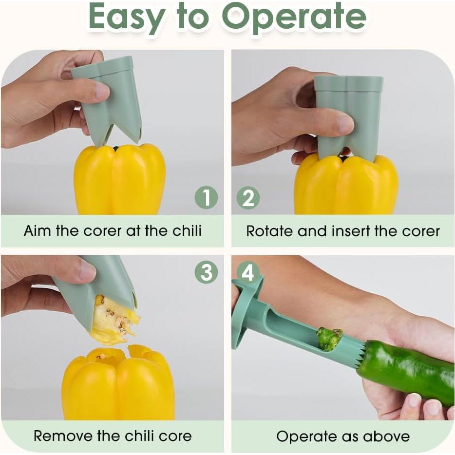 2 in 1 Pepper Seed Corer Remover, Fruit Pepper Corer, Bell Peppers Corers, Quick Cut, Fruit and Vegetable Seed Remover, Kitchen Vegetable, Zucchini Tomato (Green 1PCS)