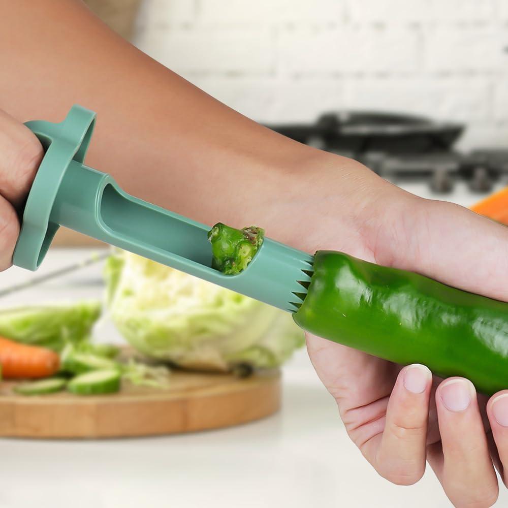 2 in 1 Pepper Seed Corer Remover, Fruit Pepper Corer, Bell Peppers Corers, Quick Cut, Fruit and Vegetable Seed Remover, Kitchen Vegetable, Zucchini Tomato (Green 1PCS)