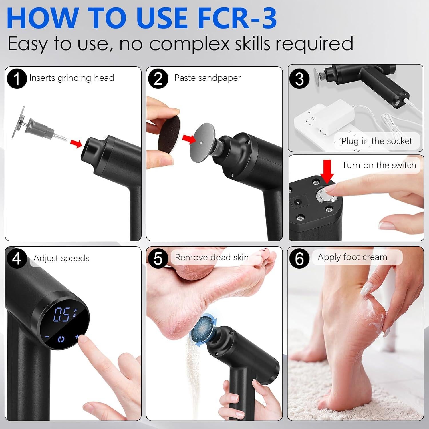 Removedor de Callos Eléctrico FCR-3 Negro 4500rpm 10 Velocidades