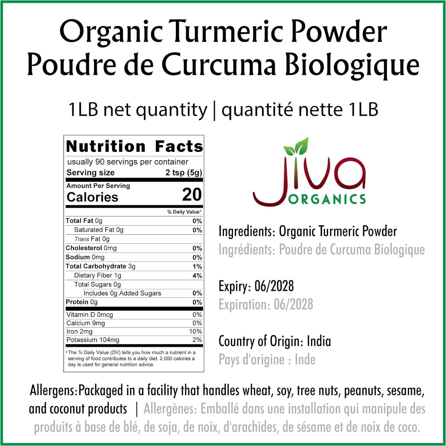 Polvo de Cúrcuma Orgánica Jiva Organics 450g - Alto Contenido de Curcumina