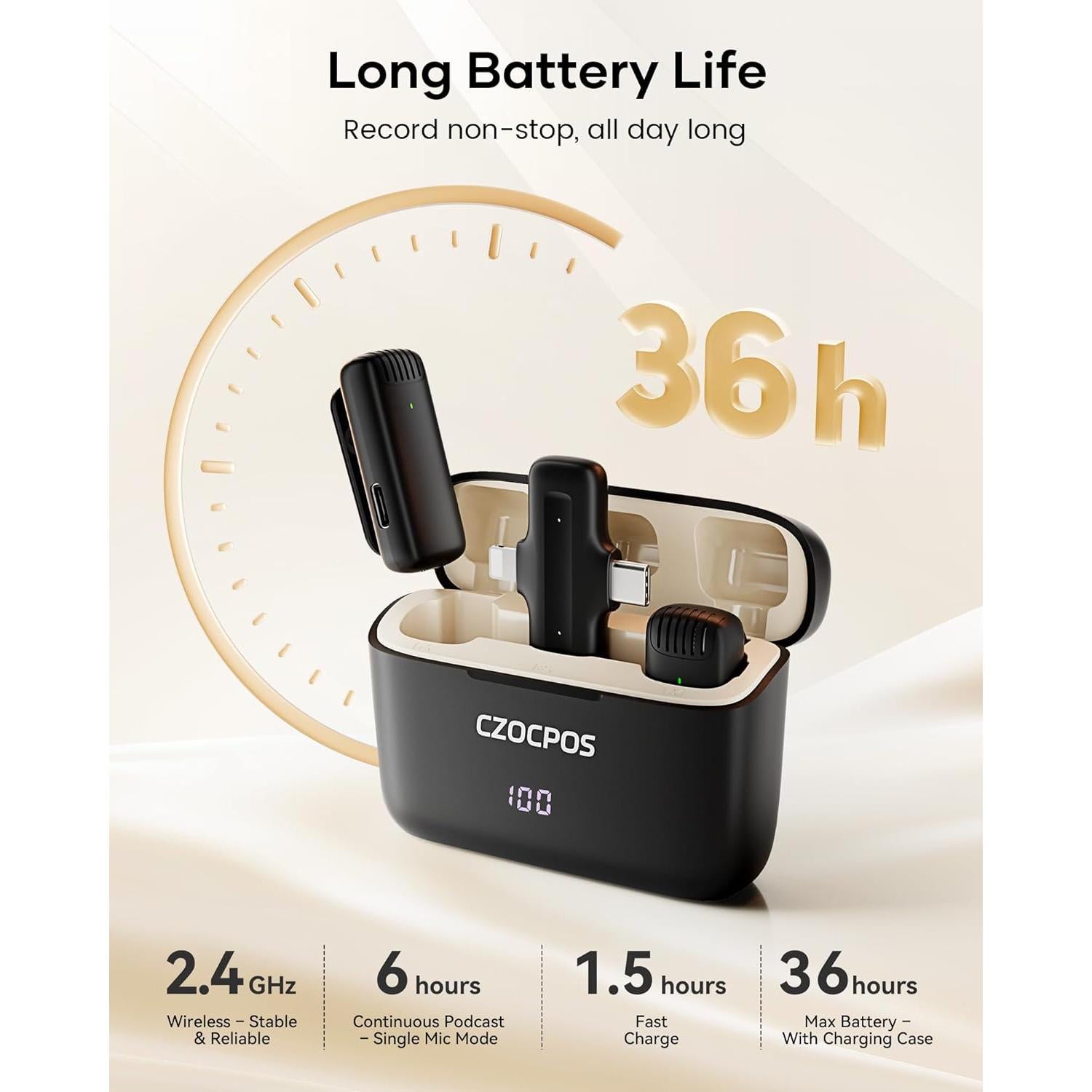 Micrófono Lavalier Inalámbrico CZOCPOS con Estuche, 36H Batería