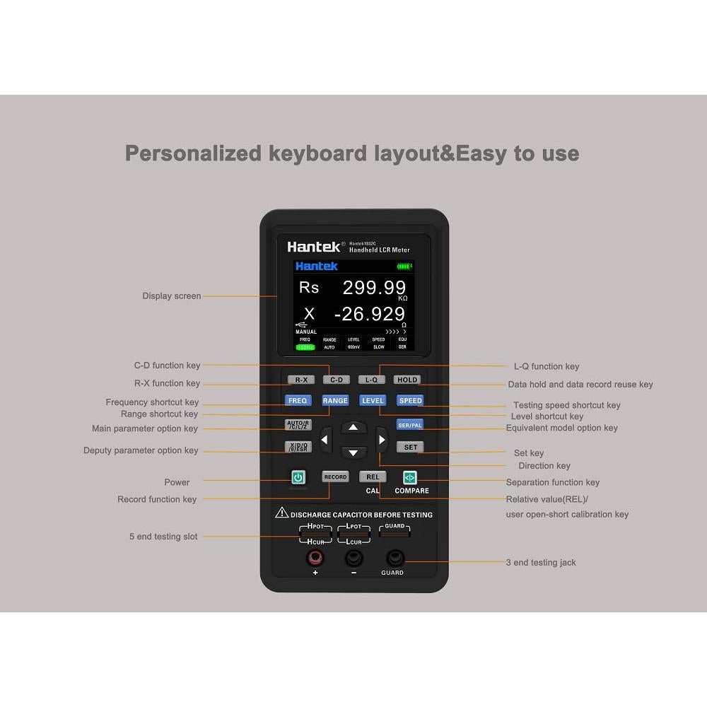 Medidor LCR Portátil Hantek 1832C-7 con Pantalla LCD 2.8"