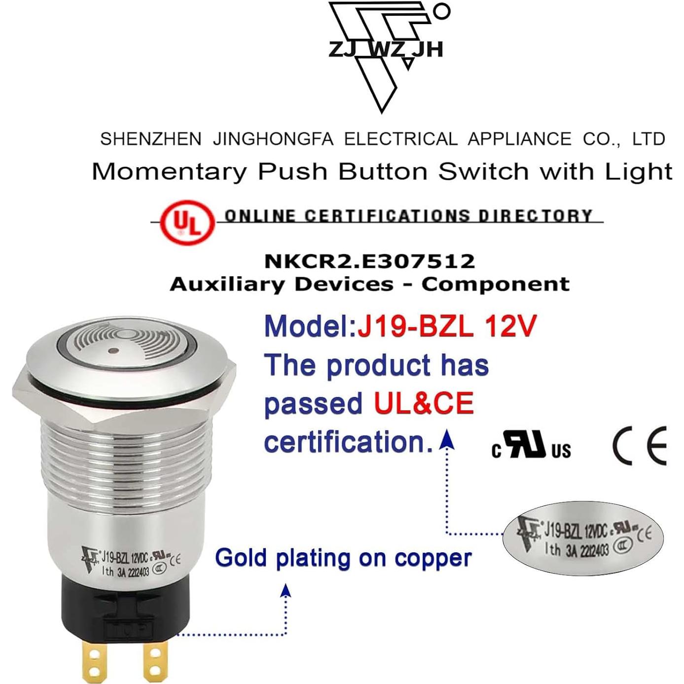 Buzzer LED Rojo 12V 19mm ZJWZJH Luz Indicadora Alarma