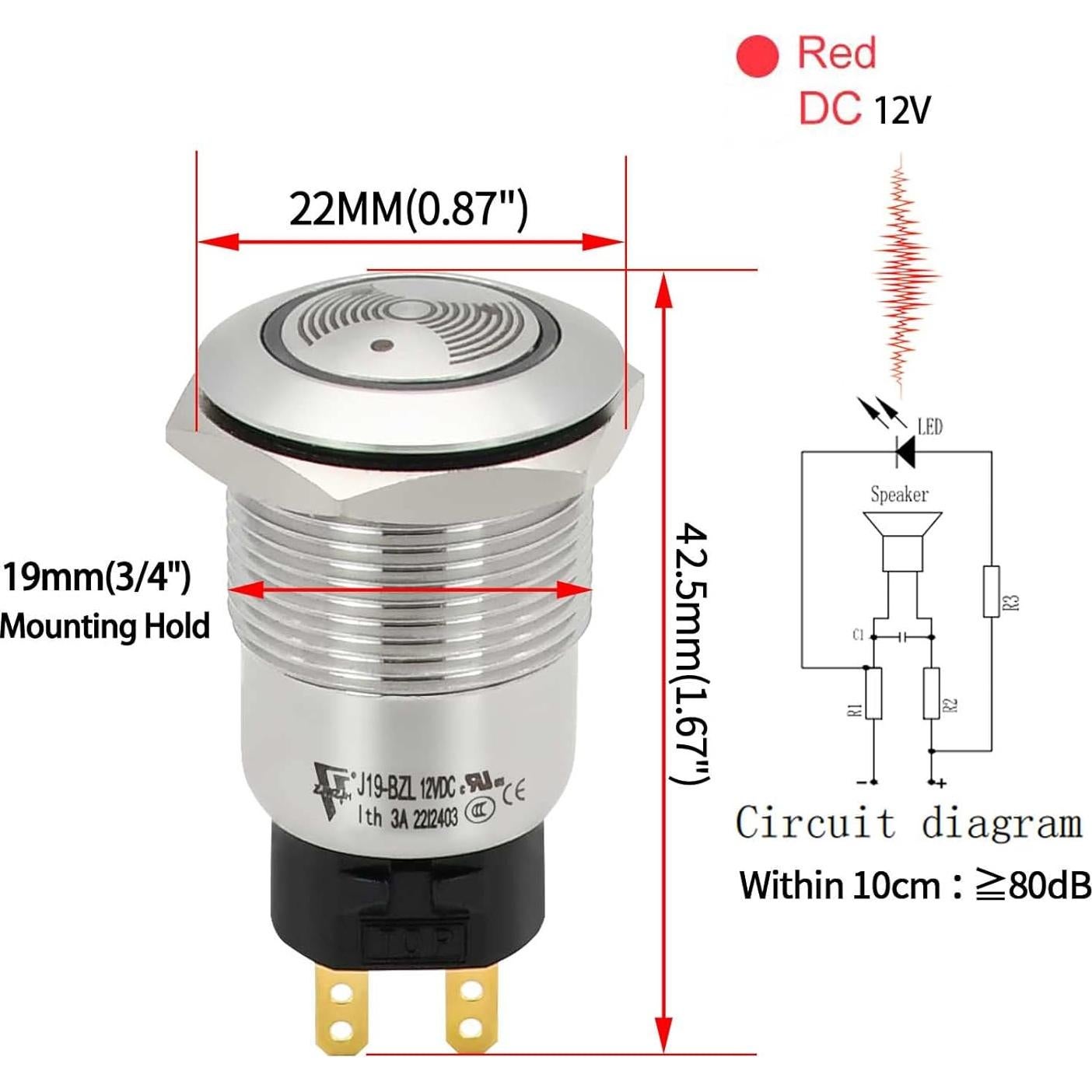 Buzzer LED Rojo 12V 19mm ZJWZJH Luz Indicadora Alarma