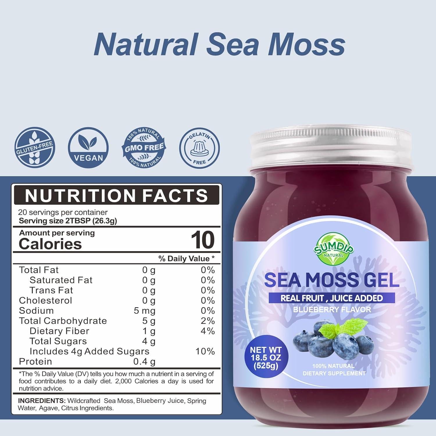Gel de Musgo Marino Irlandés 550g - Sabor Arándano - Suplemento Natural