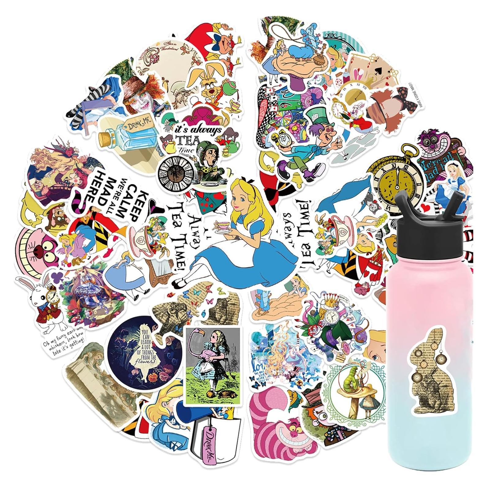 Paquete de 50 Calcomanías Impermeables Alicia en el País de las Maravillas