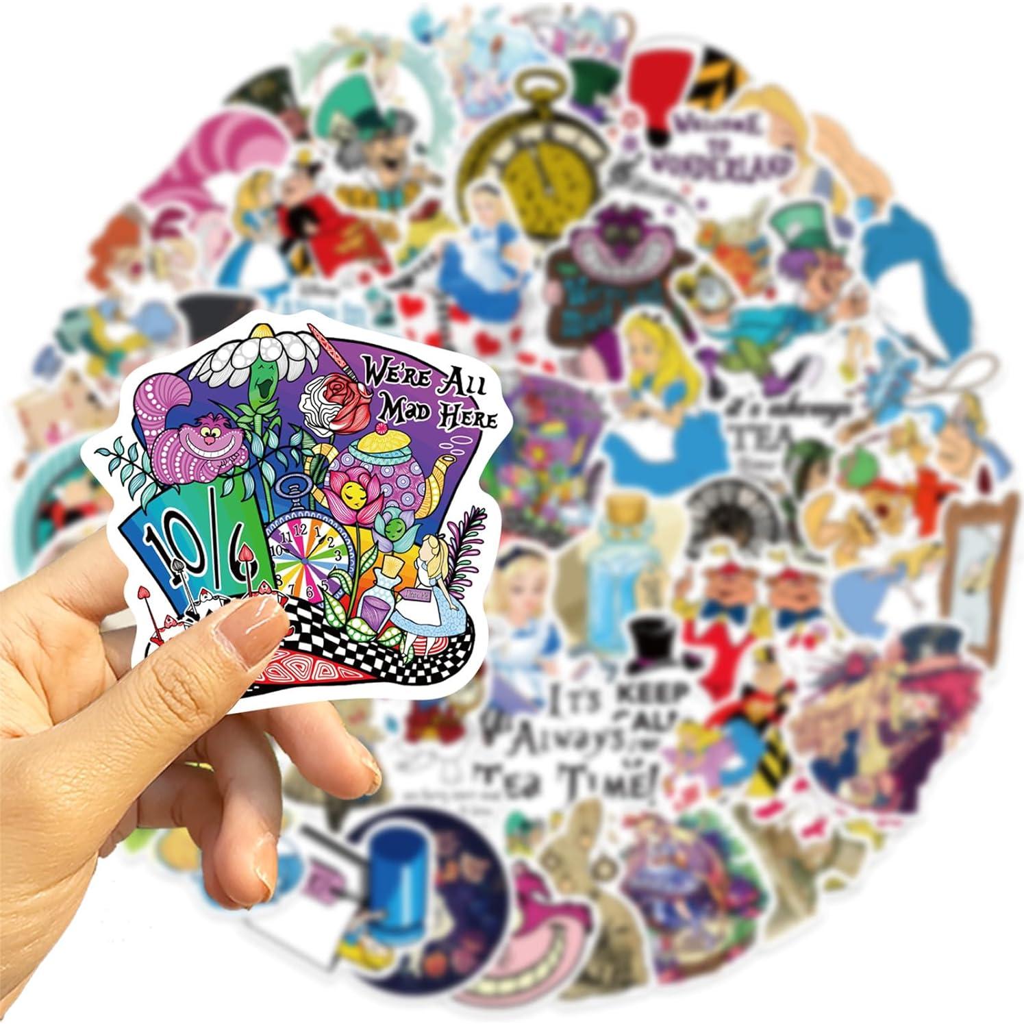 Paquete de 50 Calcomanías Impermeables Alicia en el País de las Maravillas