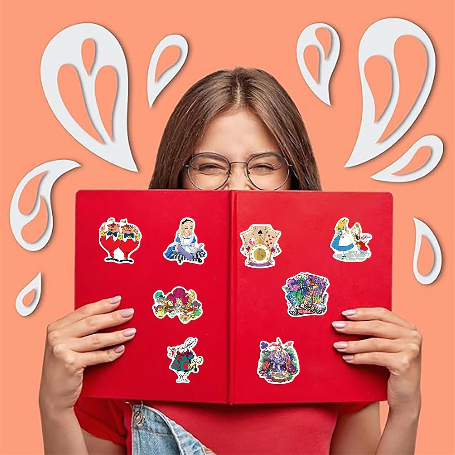 Paquete de 50 Calcomanías Impermeables Alicia en el País de las Maravillas