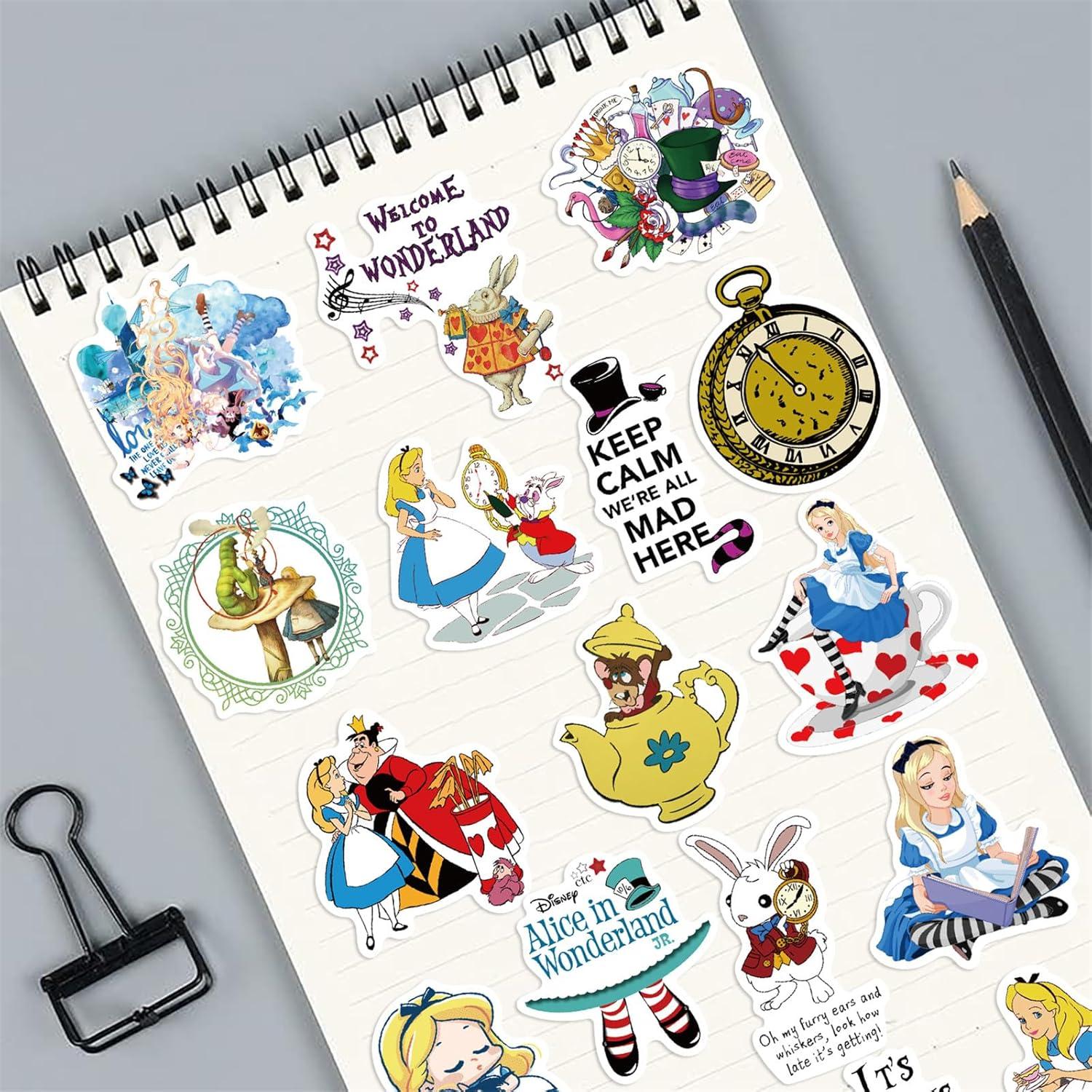 Paquete de 50 Calcomanías Impermeables Alicia en el País de las Maravillas