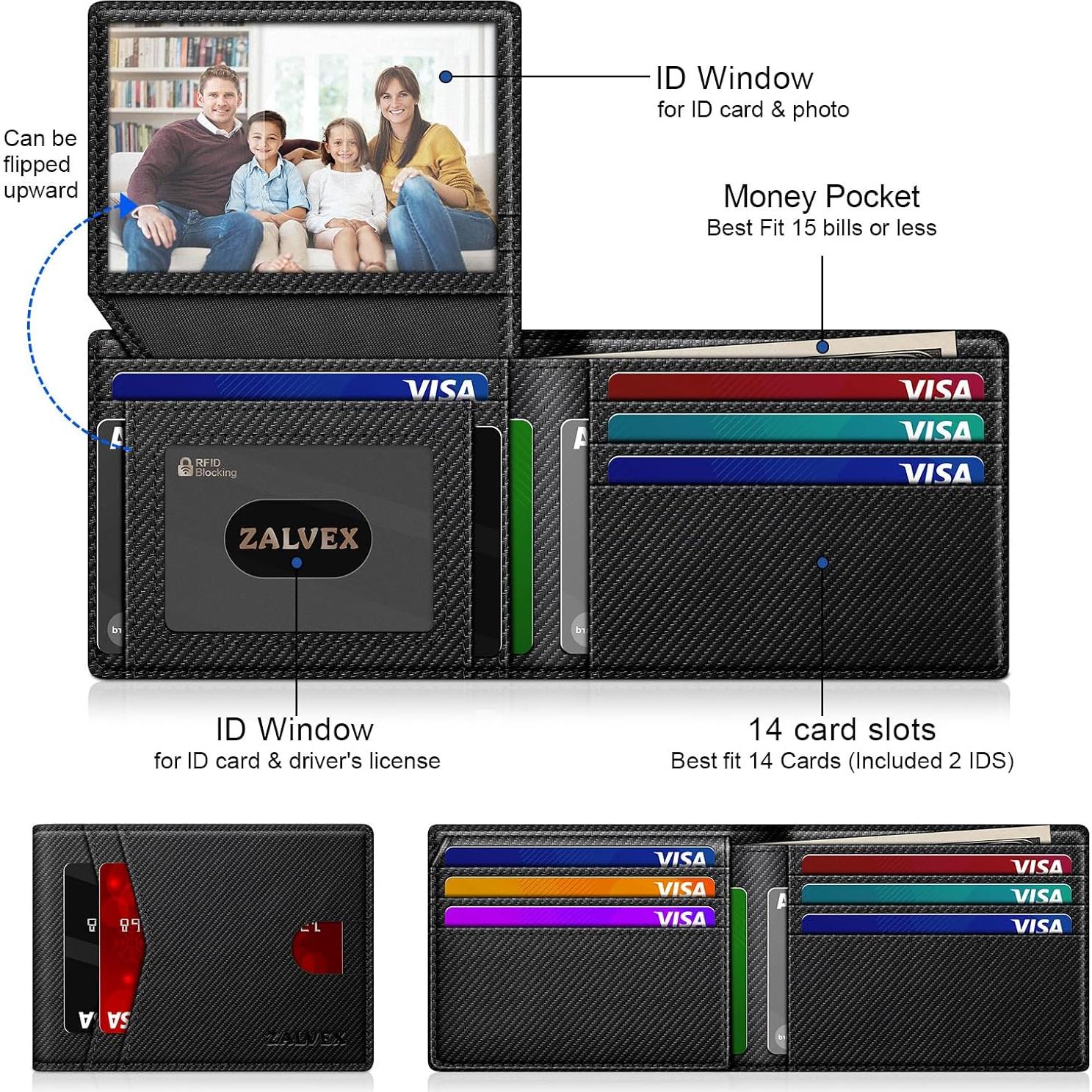 Billetera Slim ZALVEX con Bloqueo RFID para Hombres - 14 Tarjetas